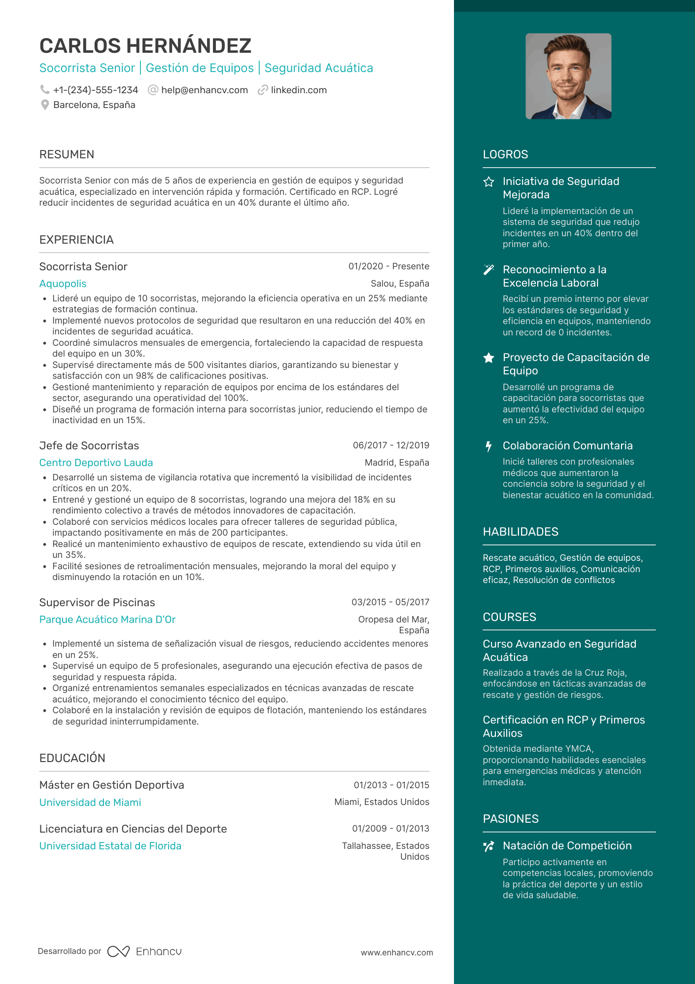 Ejemplo de CV de socorrista senior Resume Example