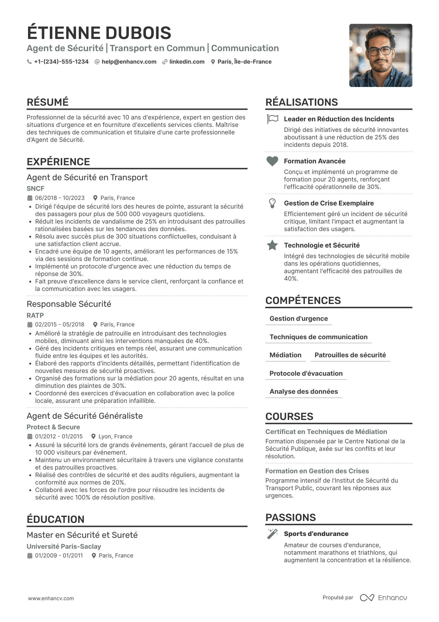 CV d’agent de sécurité dans les transports (SNCF, métro) Resume Example