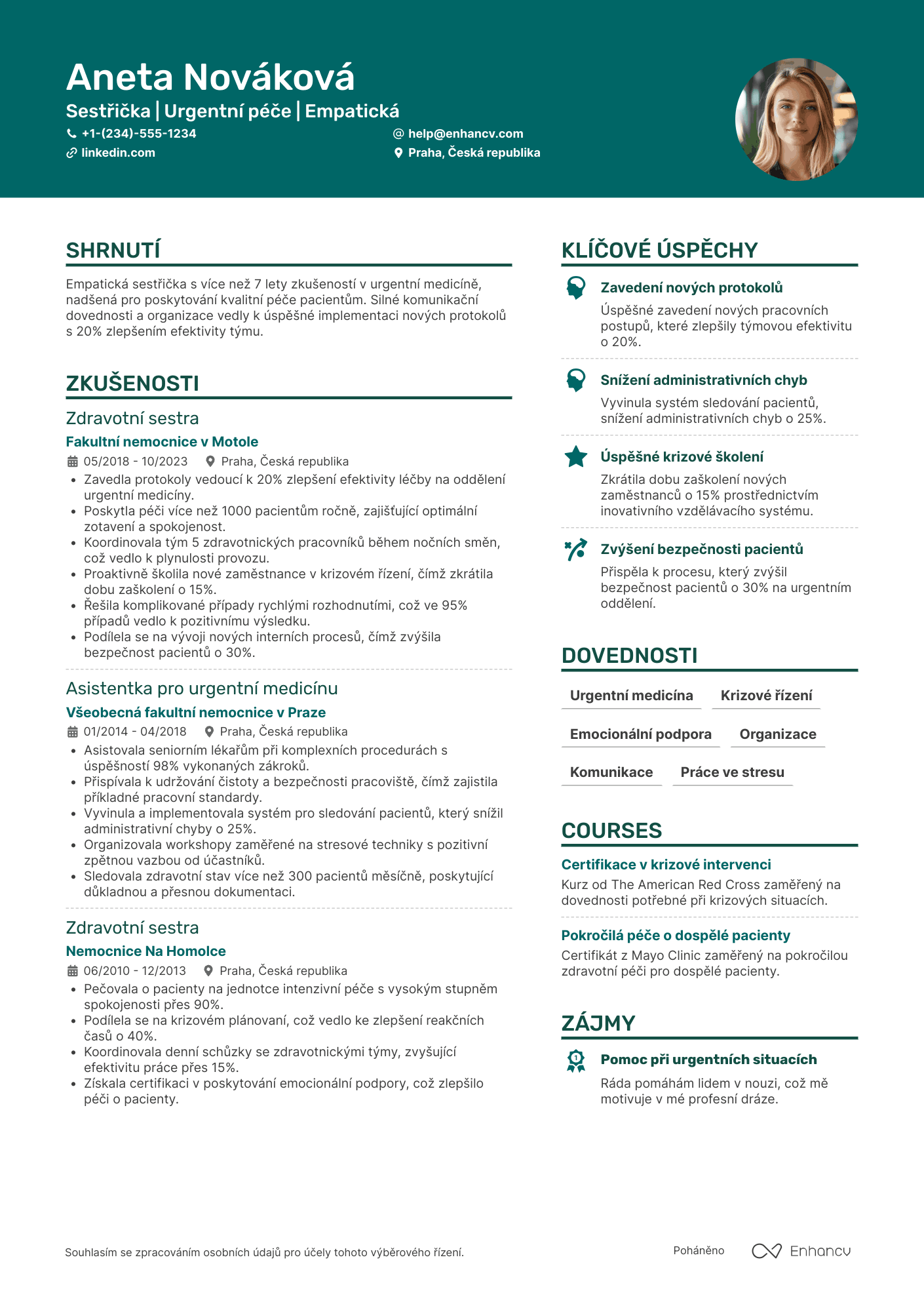 Životopis pro Sestřička v urgentní medicíně Resume Example