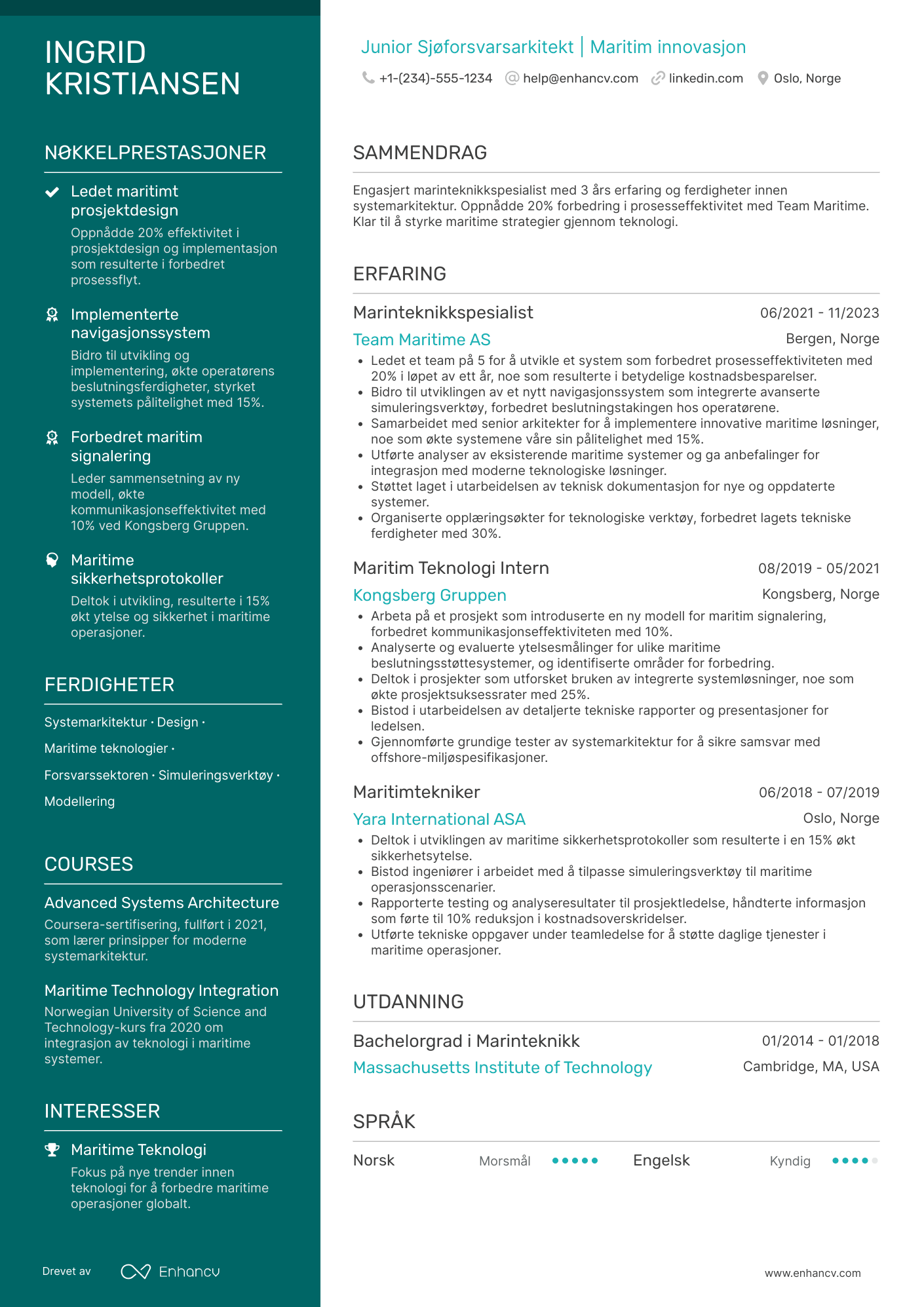 CV for Junior Sjøforsvarsarkitekt Resume Example