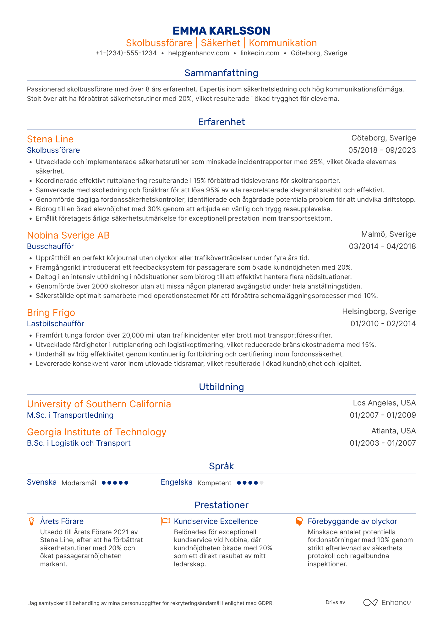 CV för Skolbussförare Resume Example