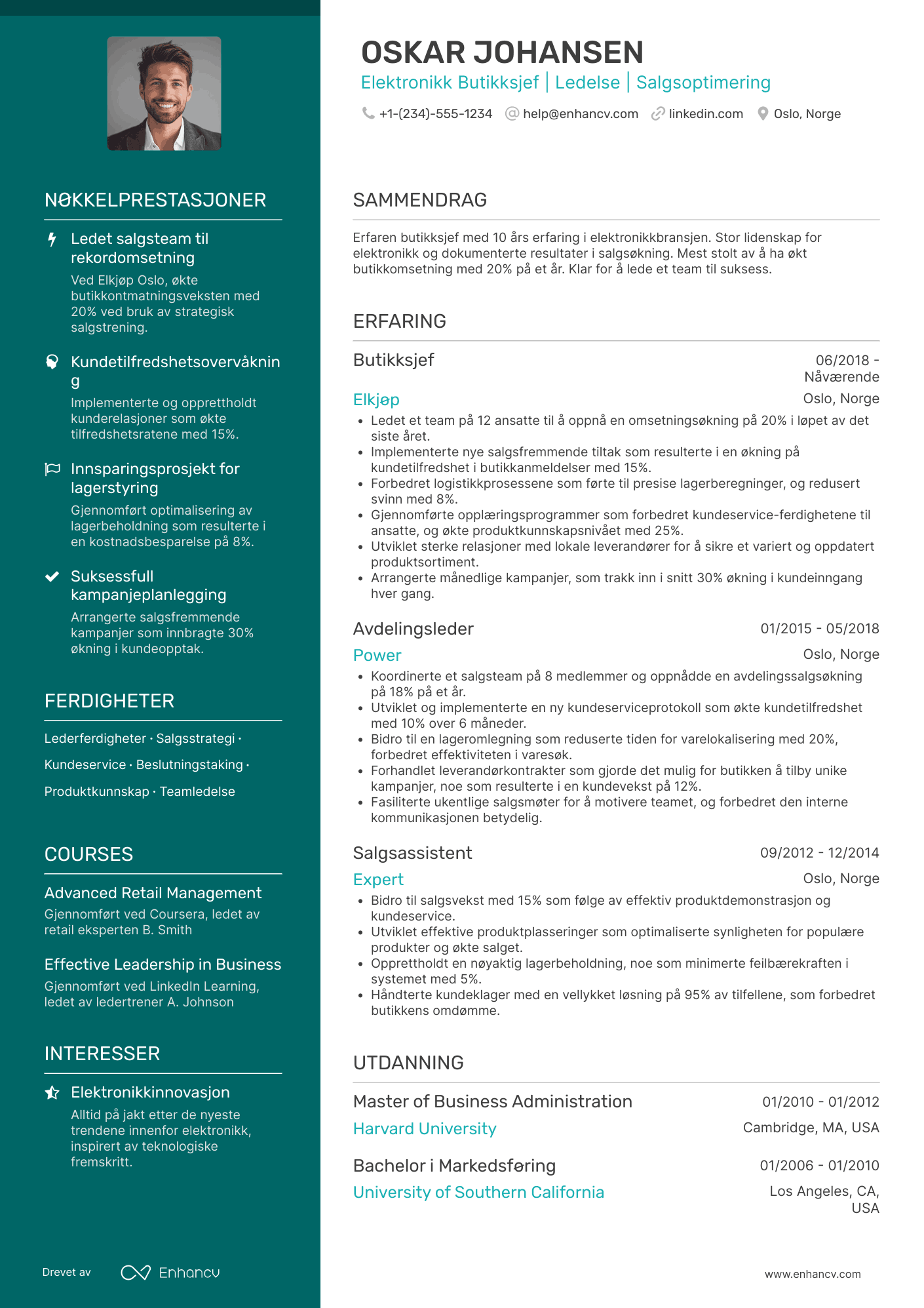 CV for Elektronikk Butikksjef Resume Example