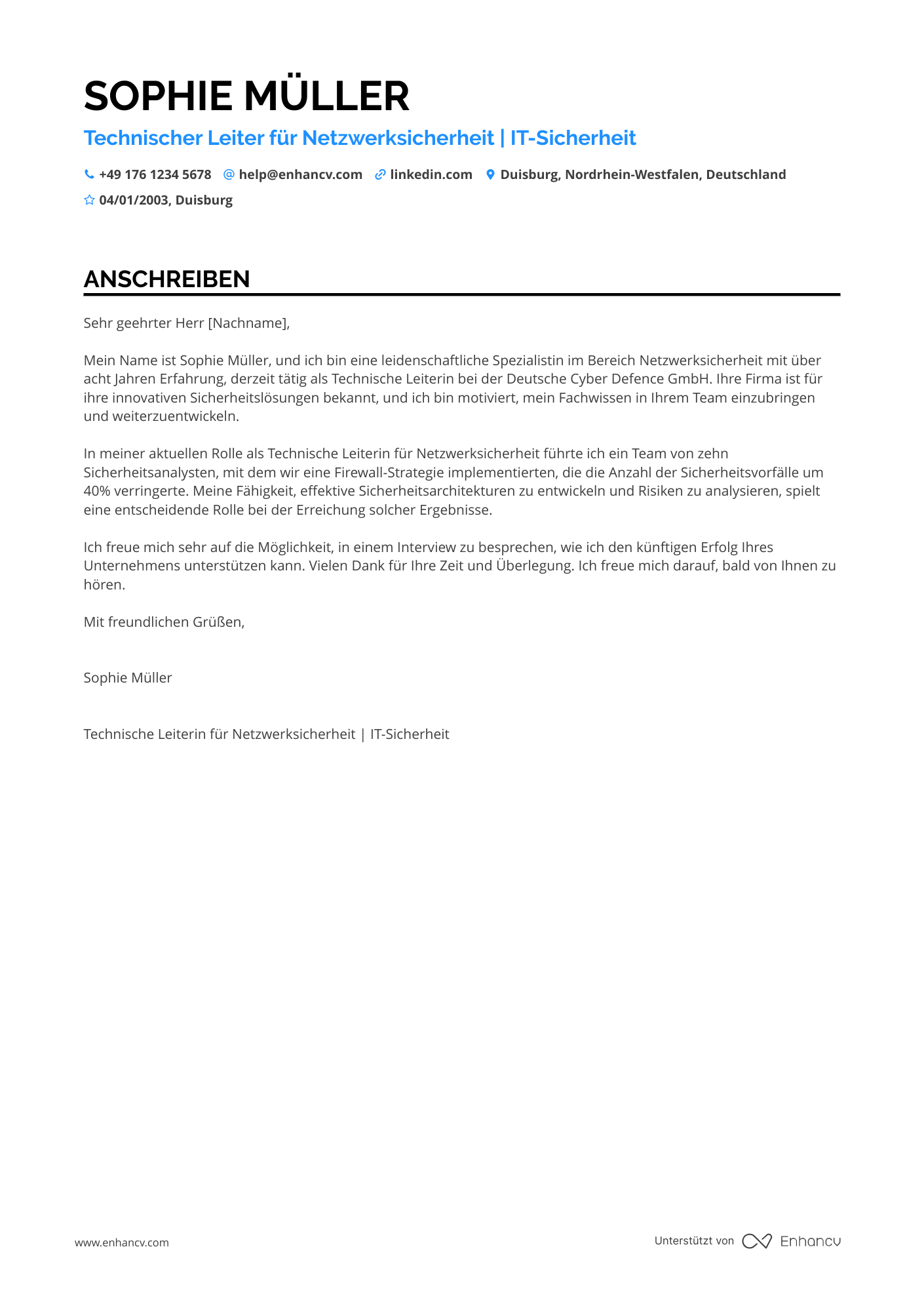 Technischer Leiter für Netzwerksicherheit Resume Example
