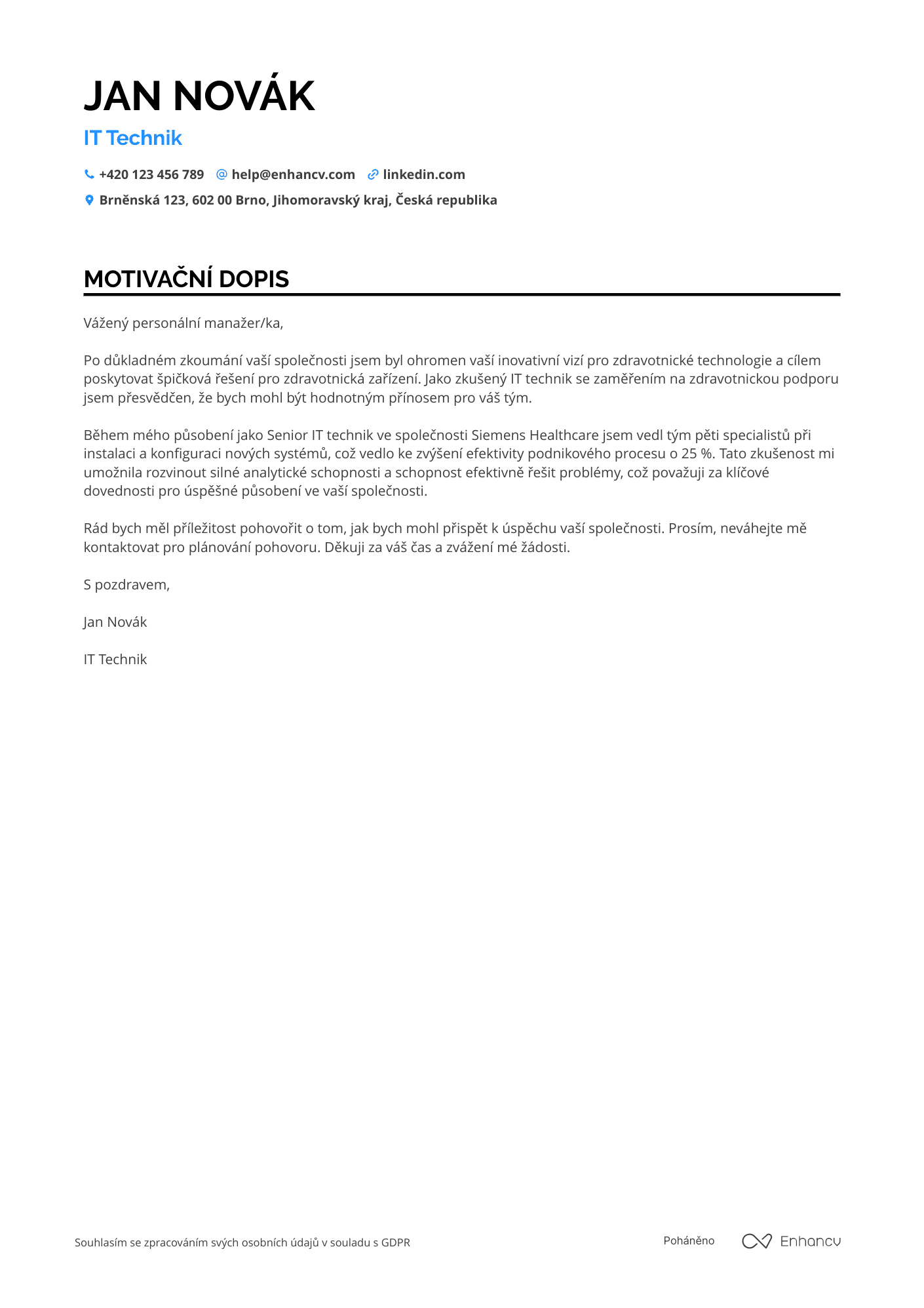 Motivační dopis pro IT Technik Gesundheitswesen Resume Example