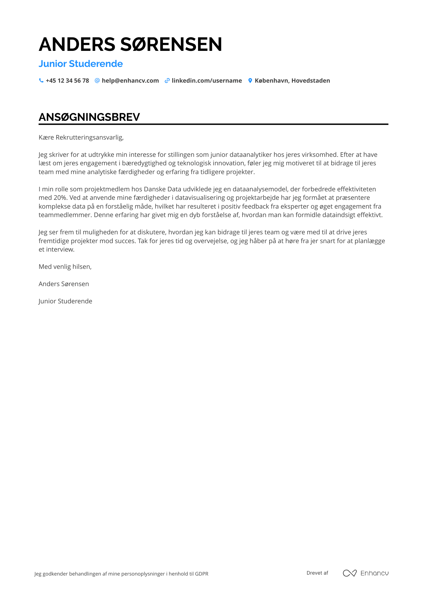 Ansøgningsbrev til Junior Studerende Resume Example
