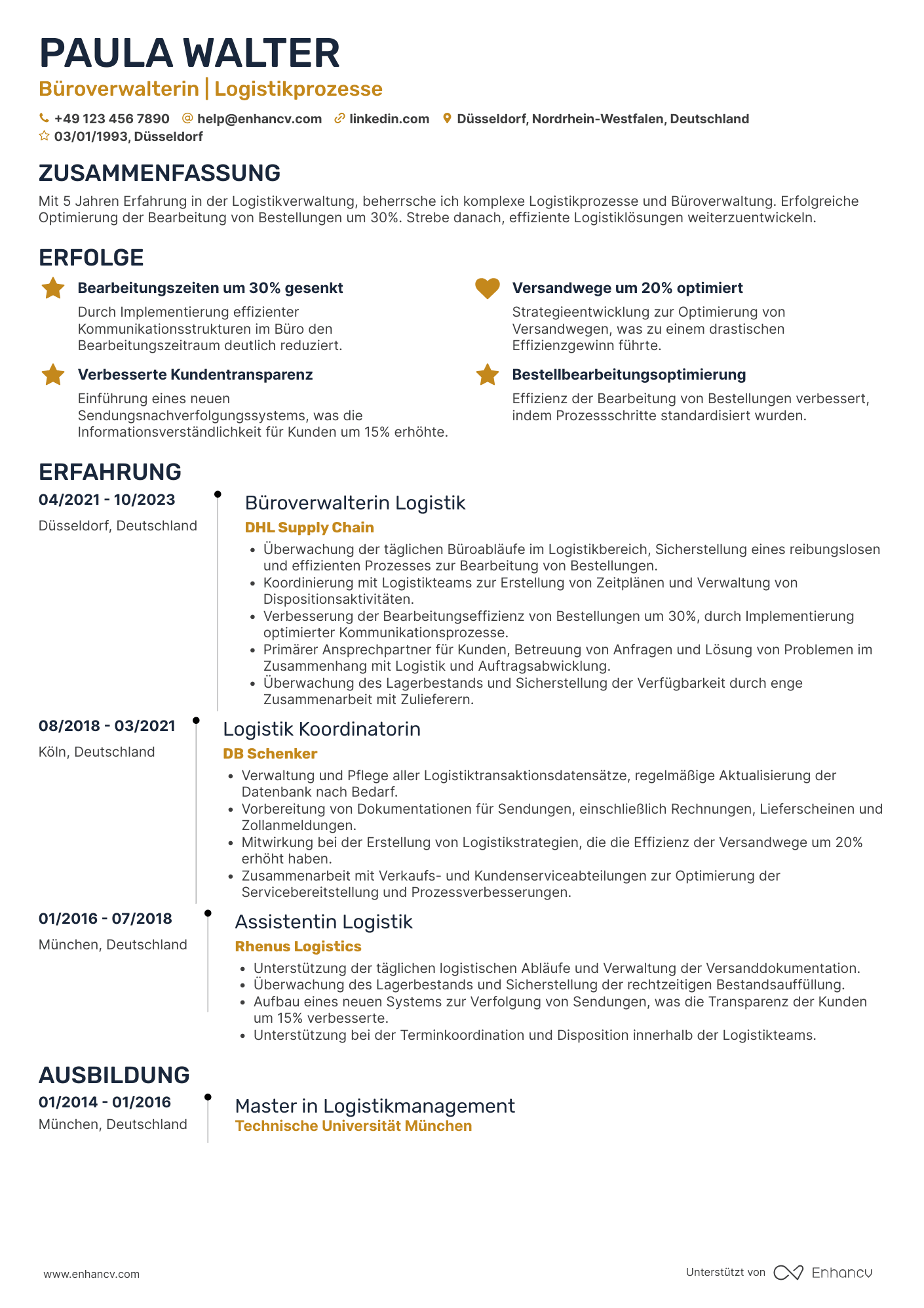 Lebenslauf als Büroverwalter für Logistik Resume Example