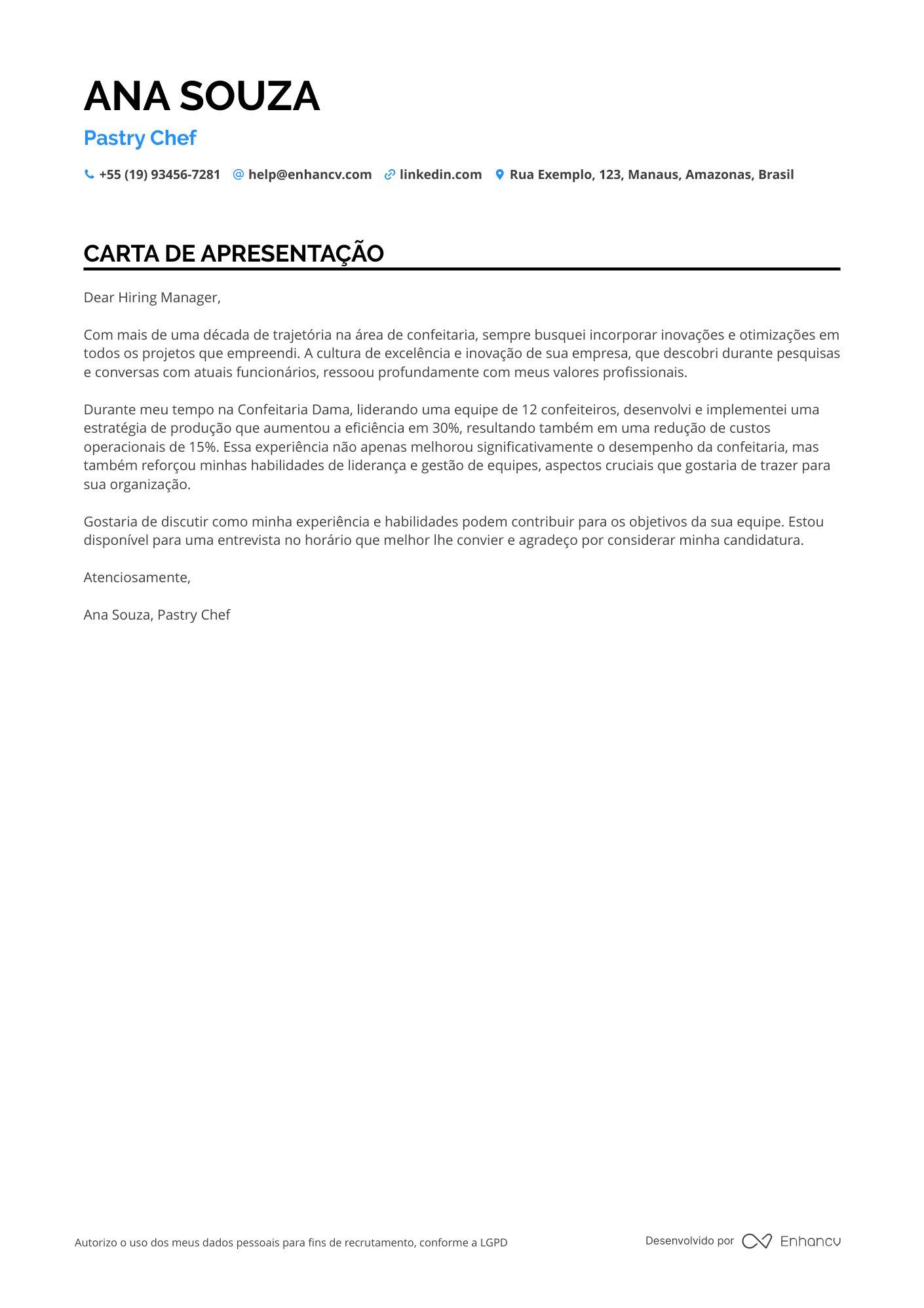 Padeiro Chefe Resume Example