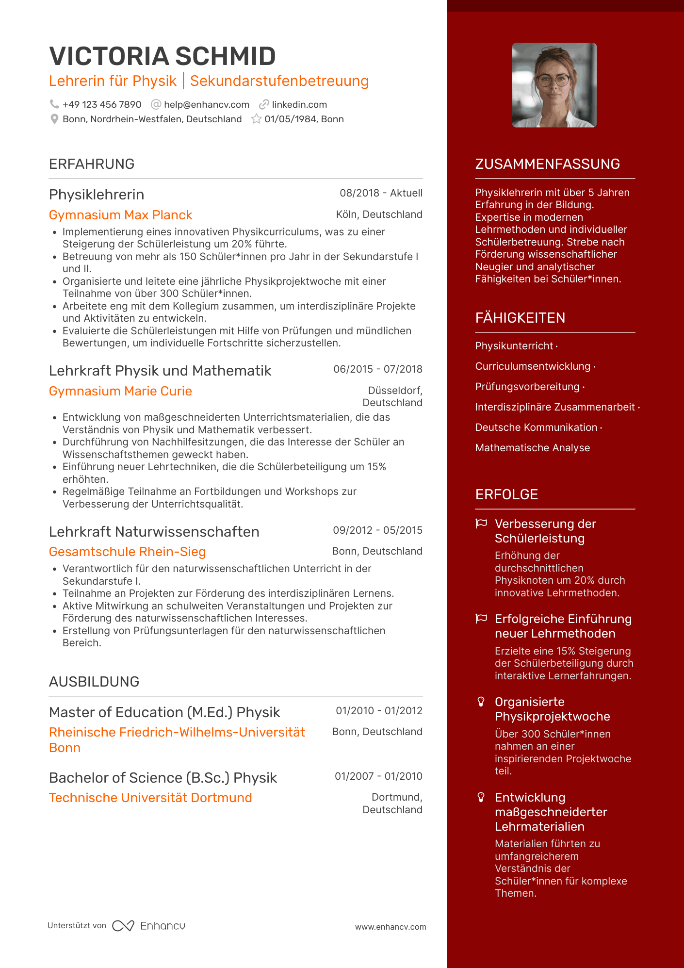 Lebenslauf als Physiklehrer Resume Example