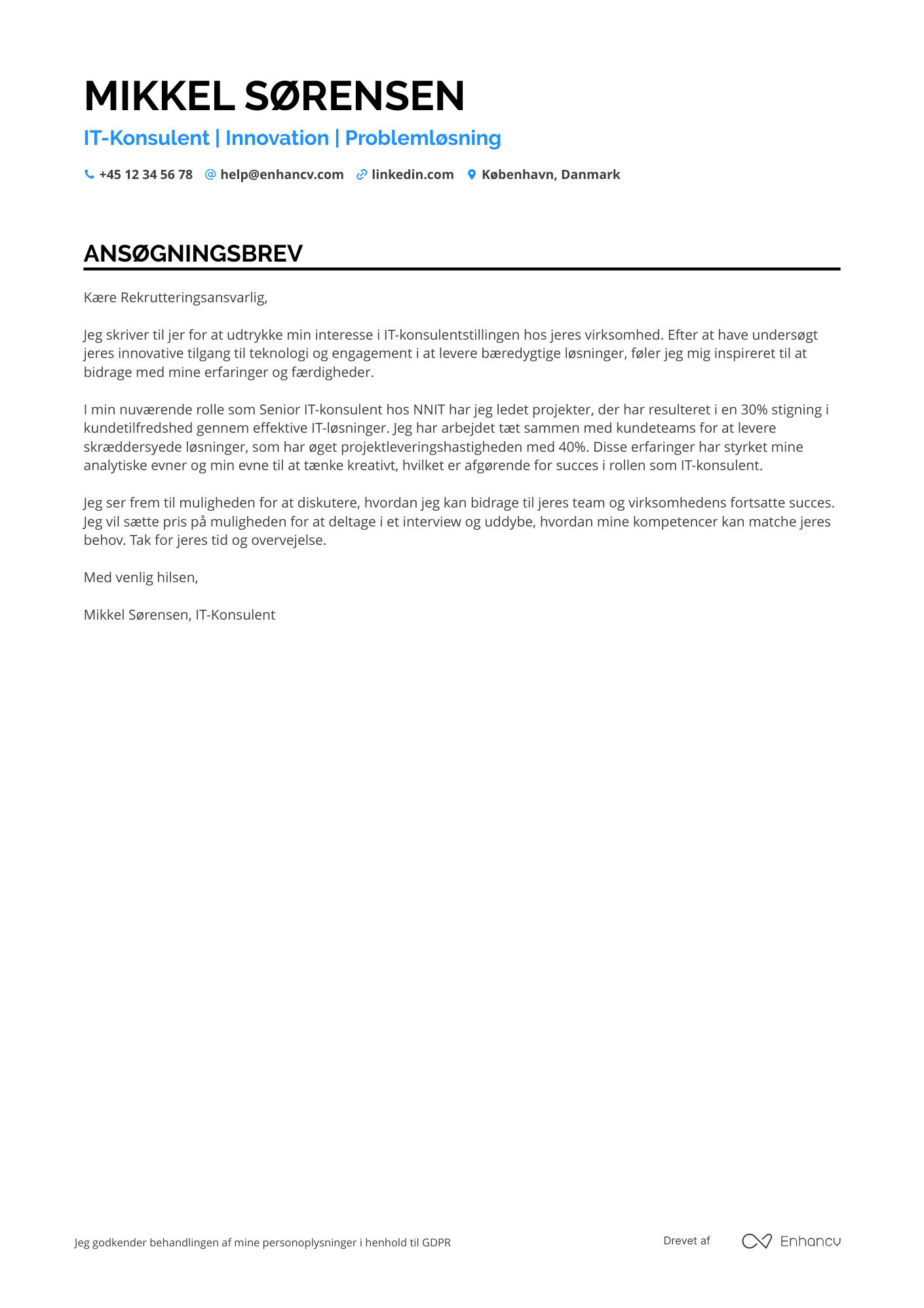 Ansøgningsbrev til Karriereskift IT Konsulent Resume Example