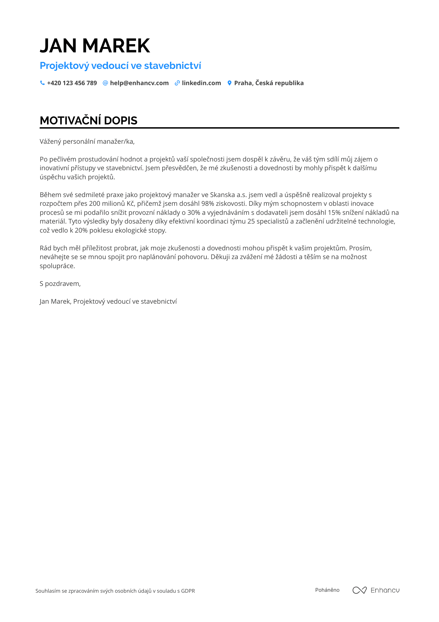 Motivační dopis pro Vedoucí projektu ve stavebnictví Resume Example