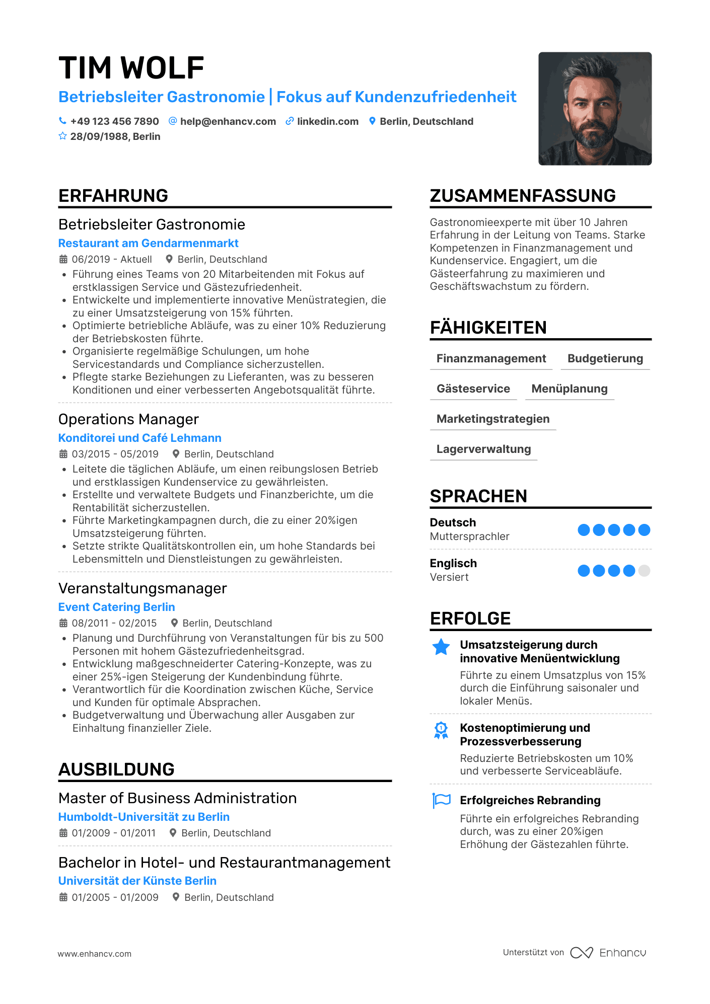 Lebenslauf als Gastronomie Betriebsleiter Resume Example