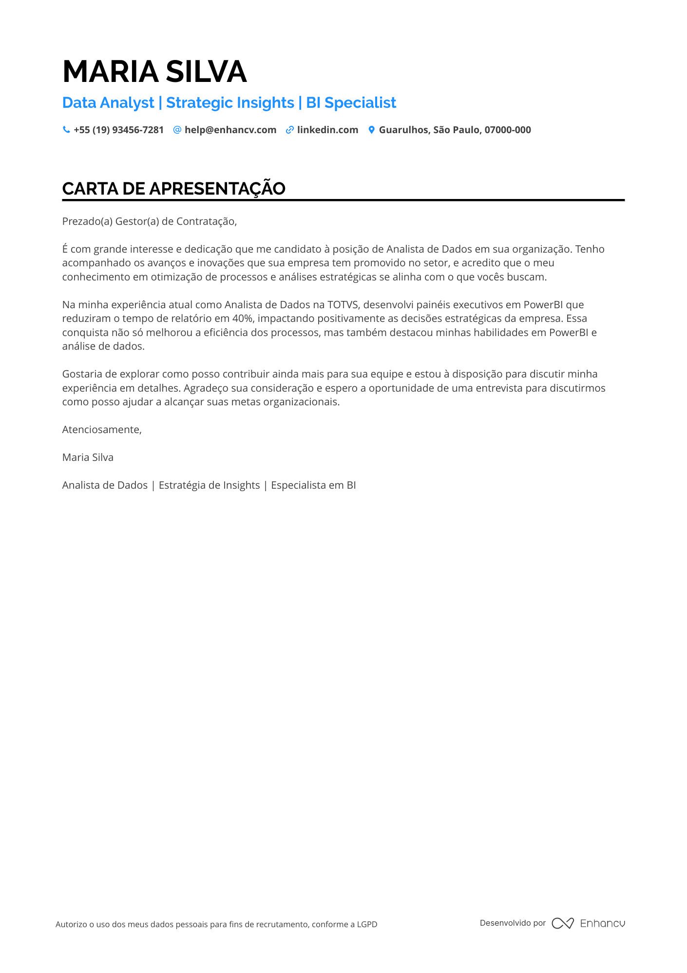 Analista de Dados Meio período Resume Example