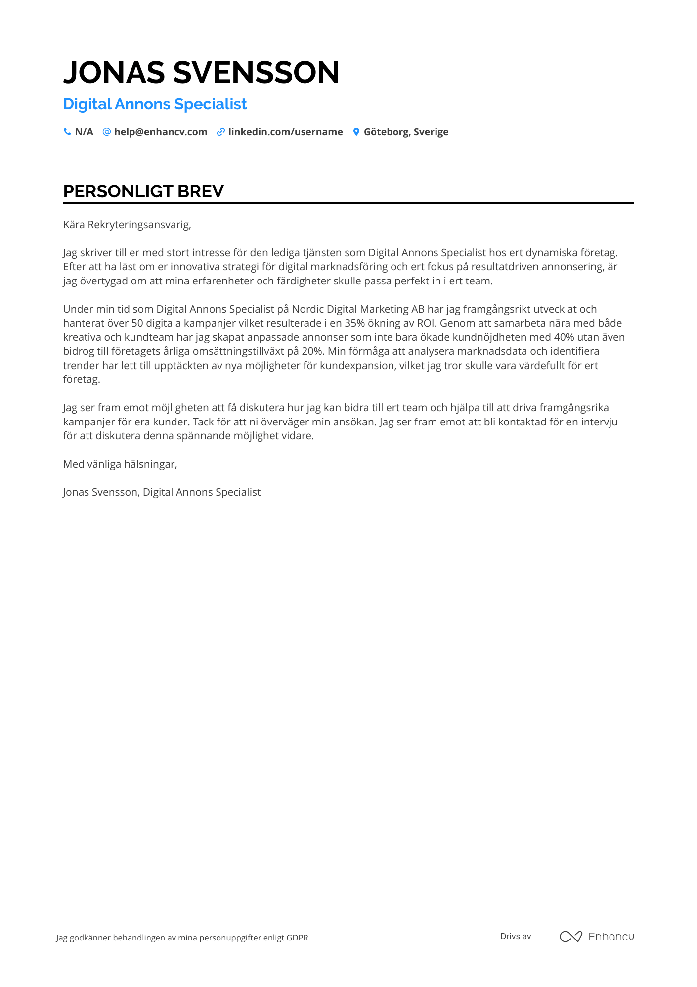 Personligt brev för Digital Annons Specialist Resume Example