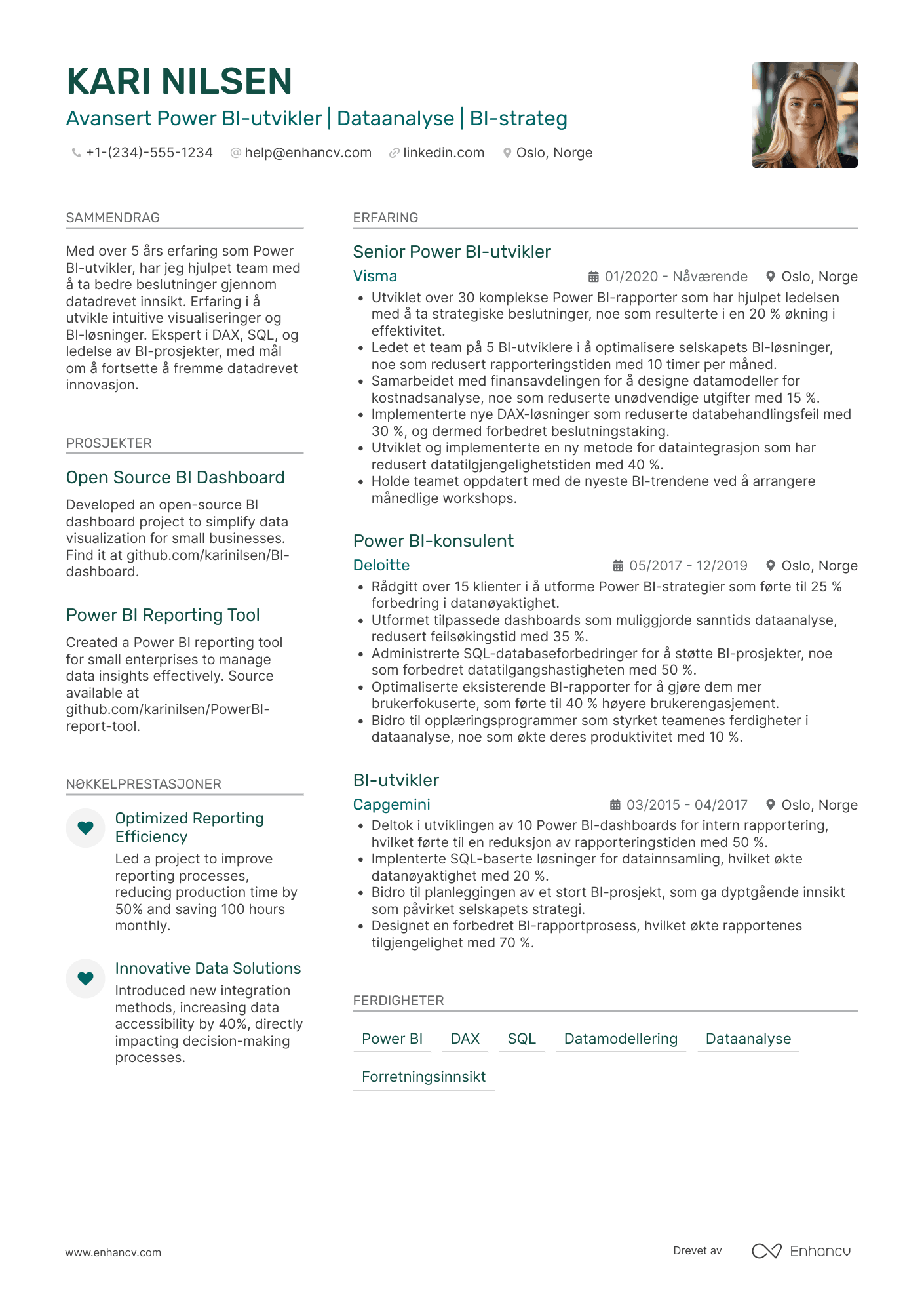 CV for Advanced Power BI‑utvikler Resume Example