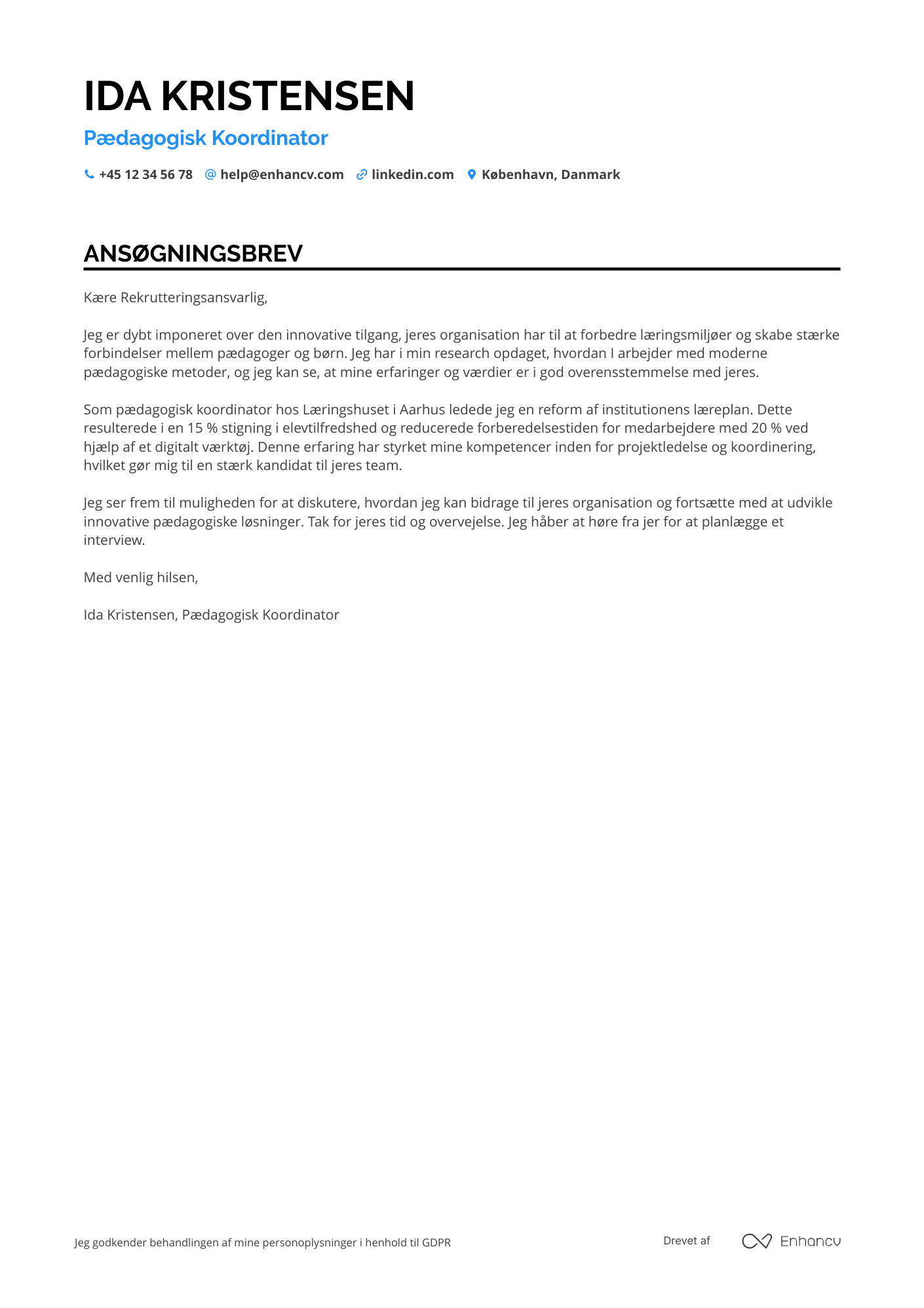 Ansøgningsbrev til Pædagogisk Koordinator Resume Example