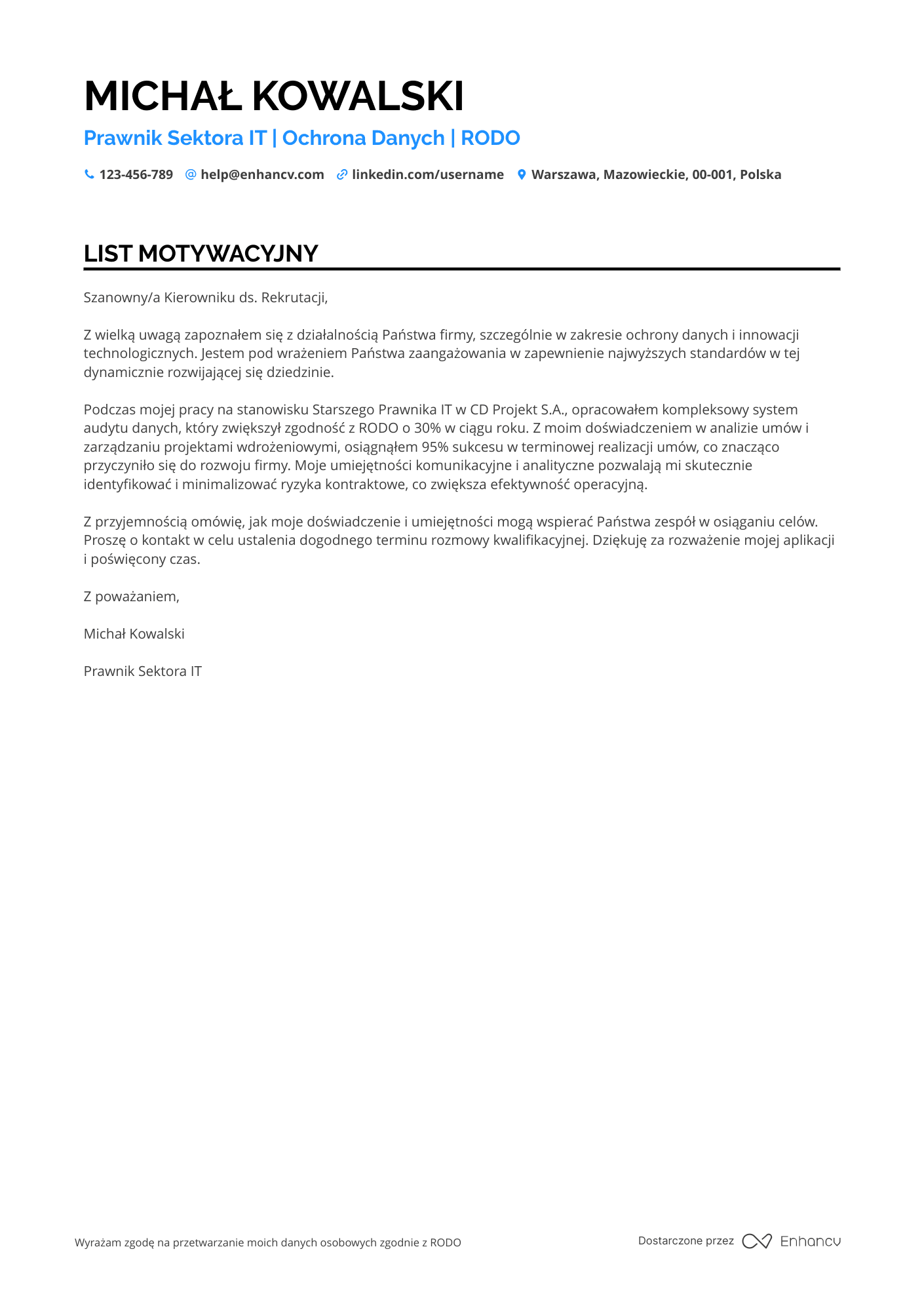 List motywacyjny dla Prawnik Sektora IT Resume Example