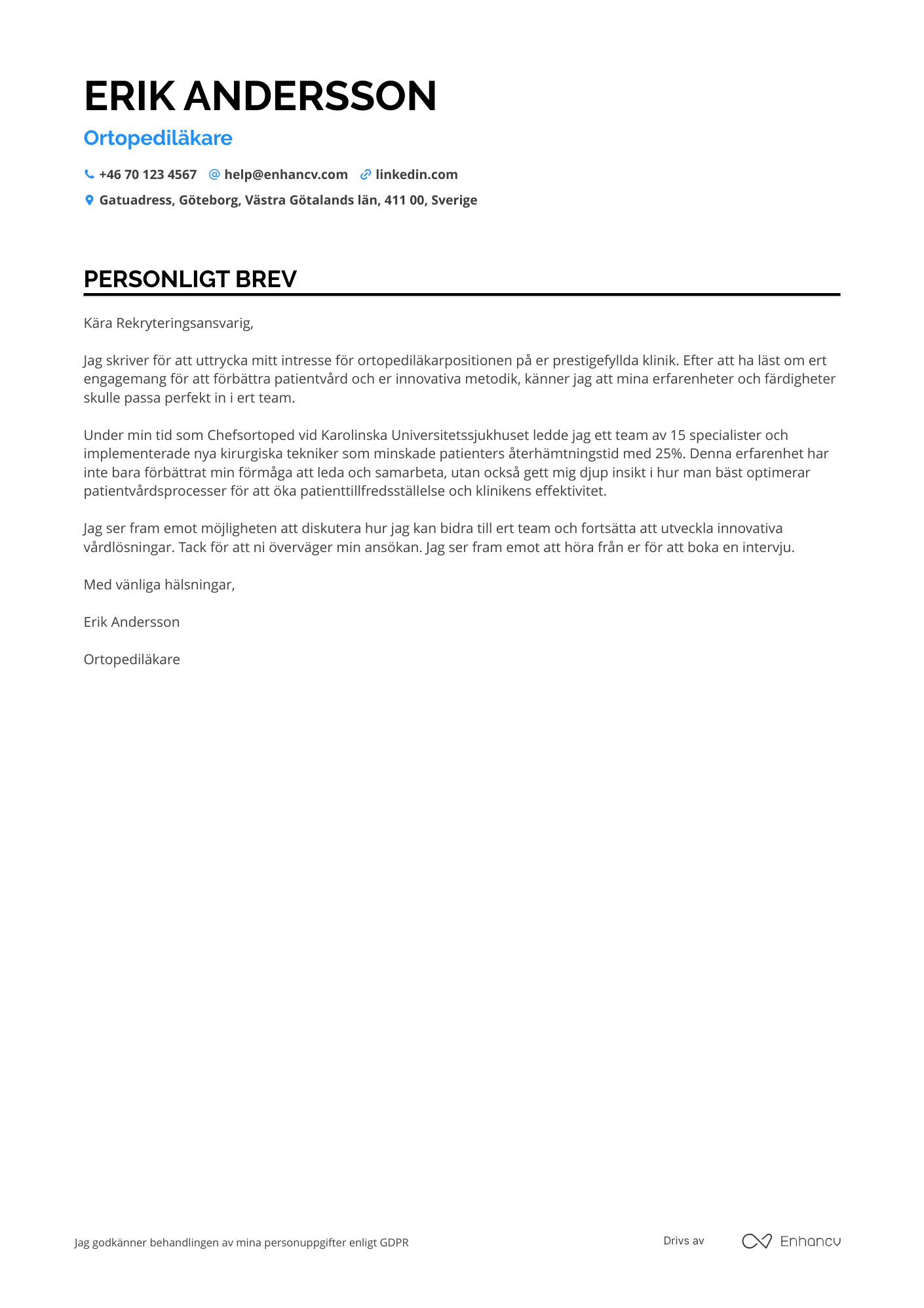 Personligt brev för Ortopediläkare Resume Example