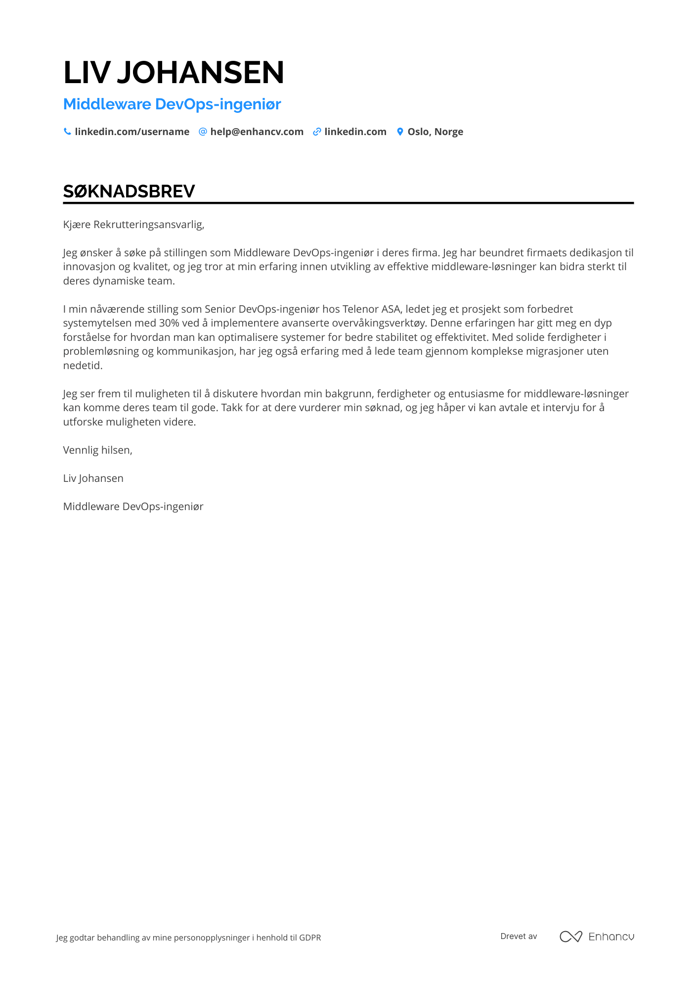 Søknadsbrev for Middleware DevOps ingeniør Resume Example
