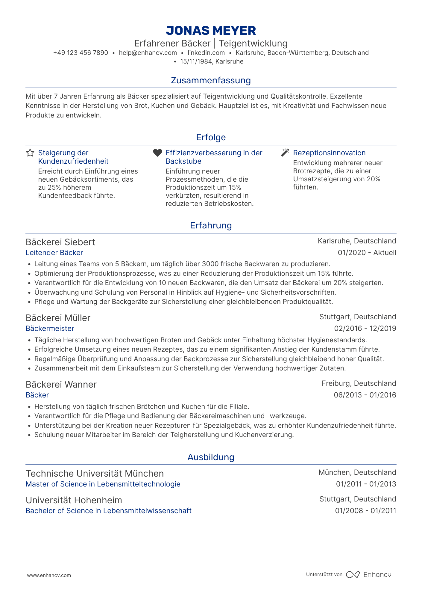 Lebenslauf als Erfahrener Bäcker Resume Example