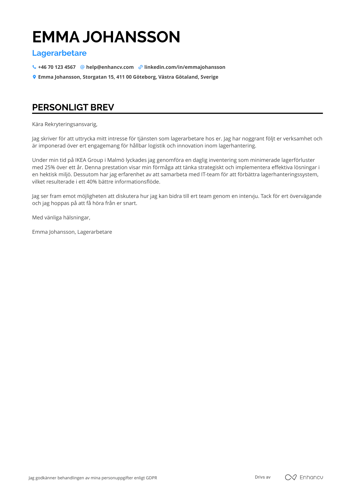 Personligt brev för Lagerarbetare pack  och plockpersonal Resume Example