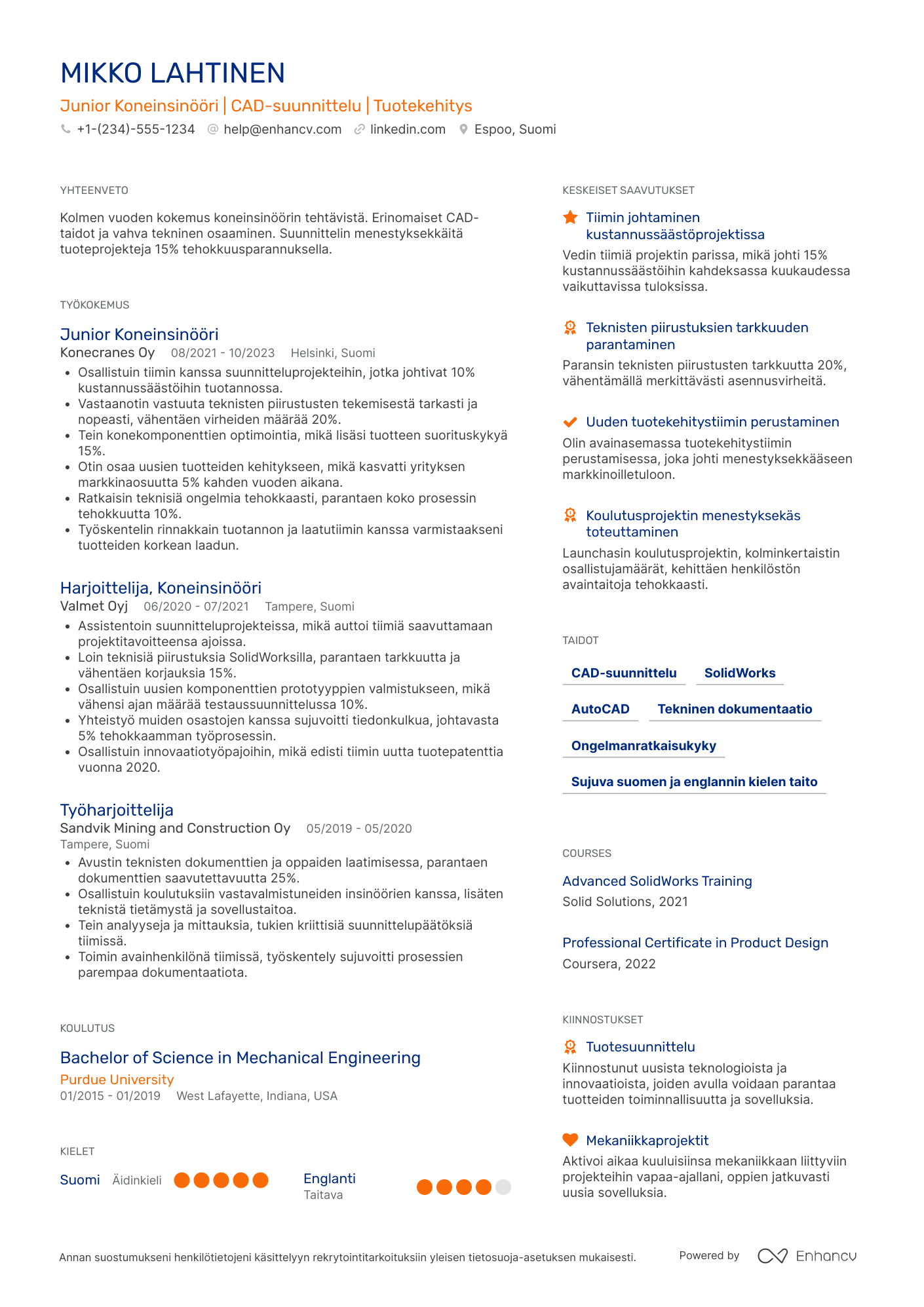 Ansioluettelo Koneinsinööri Junior Resume Example