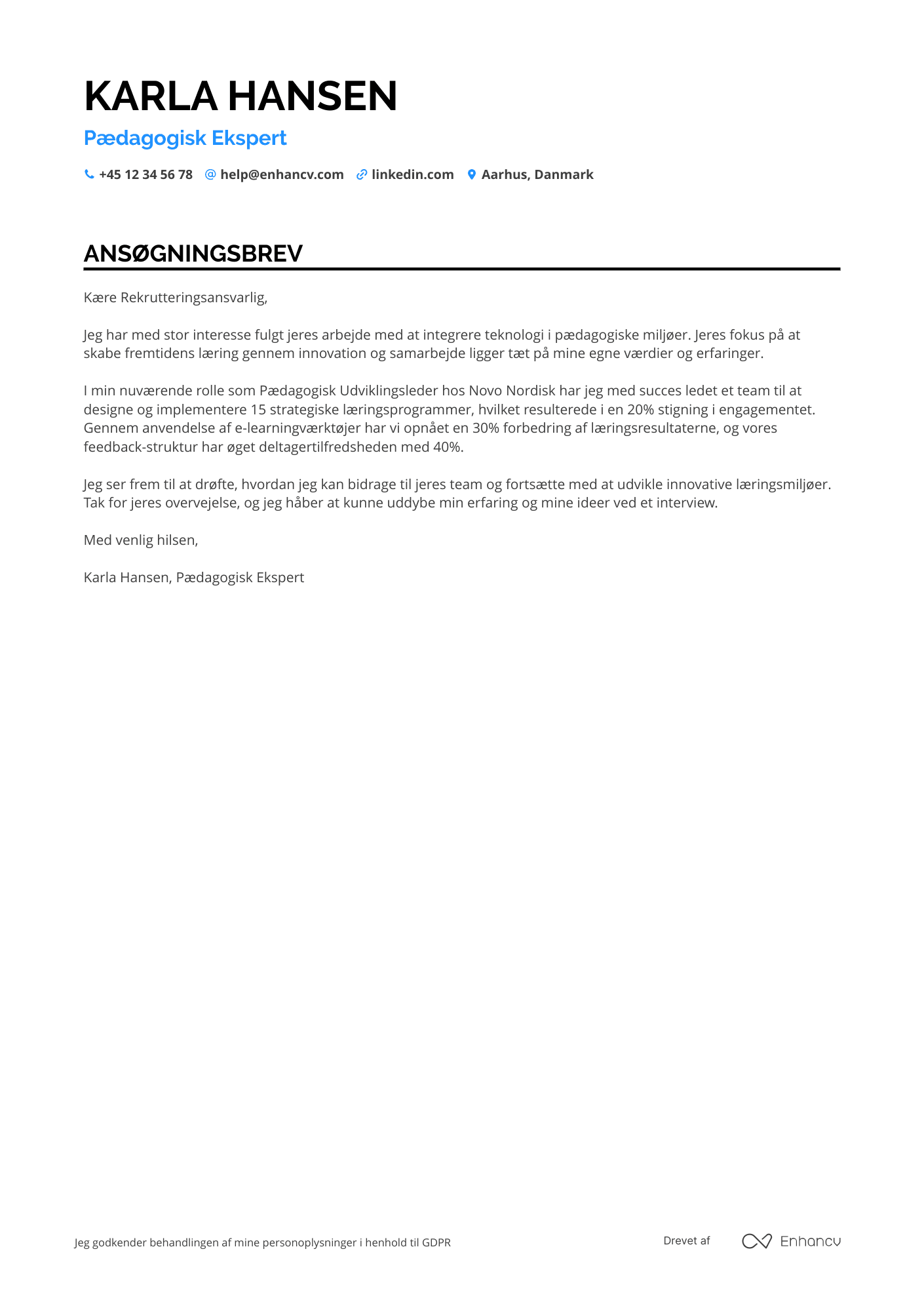 Ansøgningsbrev til Pædagogisk Ekspert i Teknologibranchen Resume Example