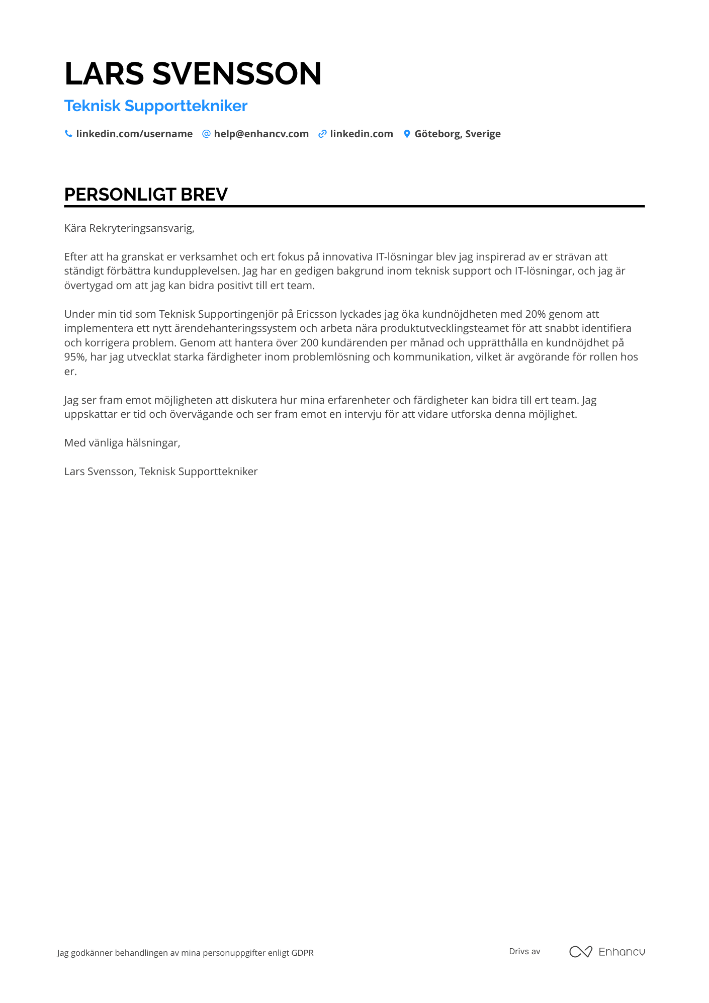 Personligt brev för Teknisk Supporttekniker Resume Example