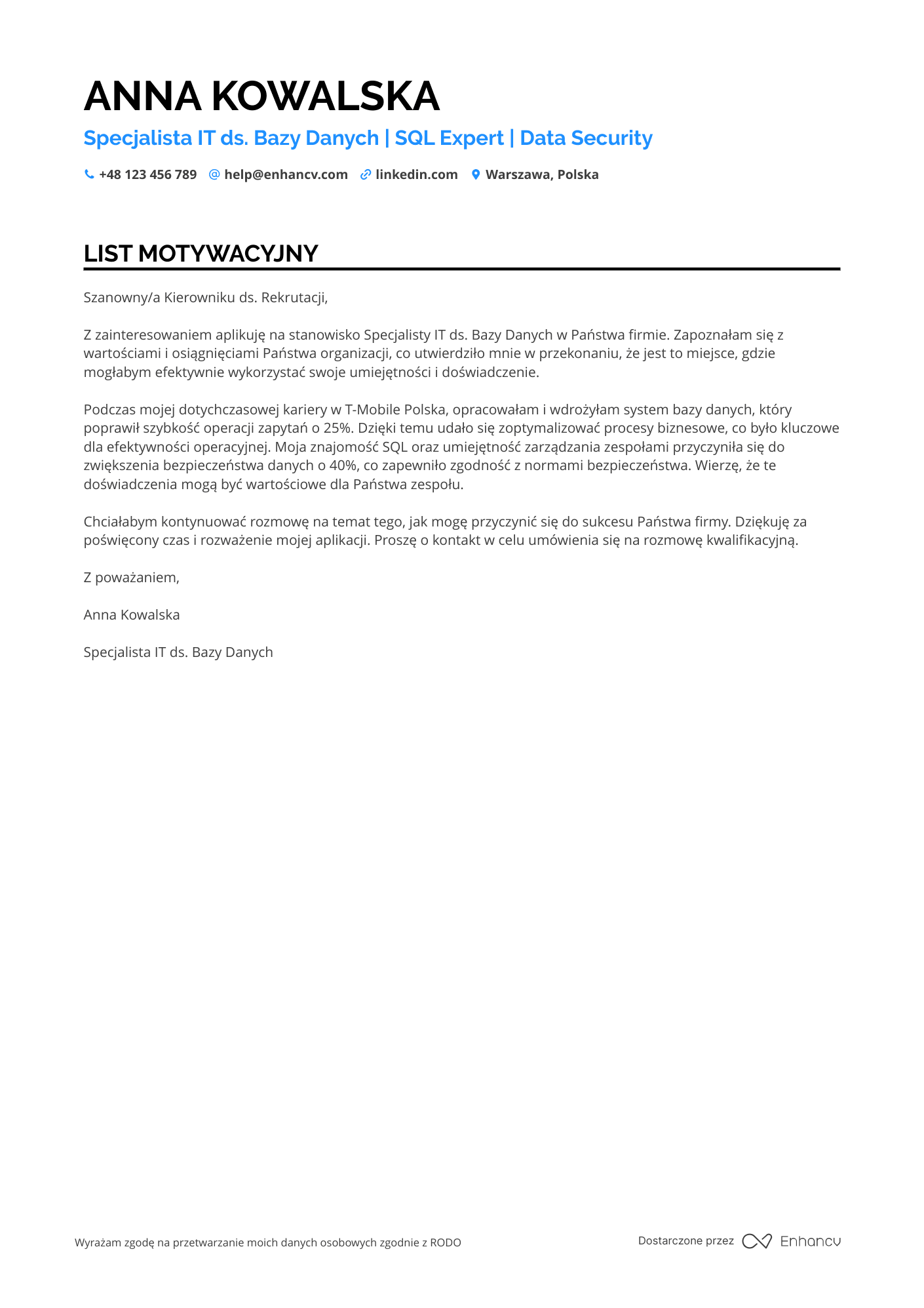 List motywacyjny dla Specjalista IT ds. Bazy Danych Resume Example