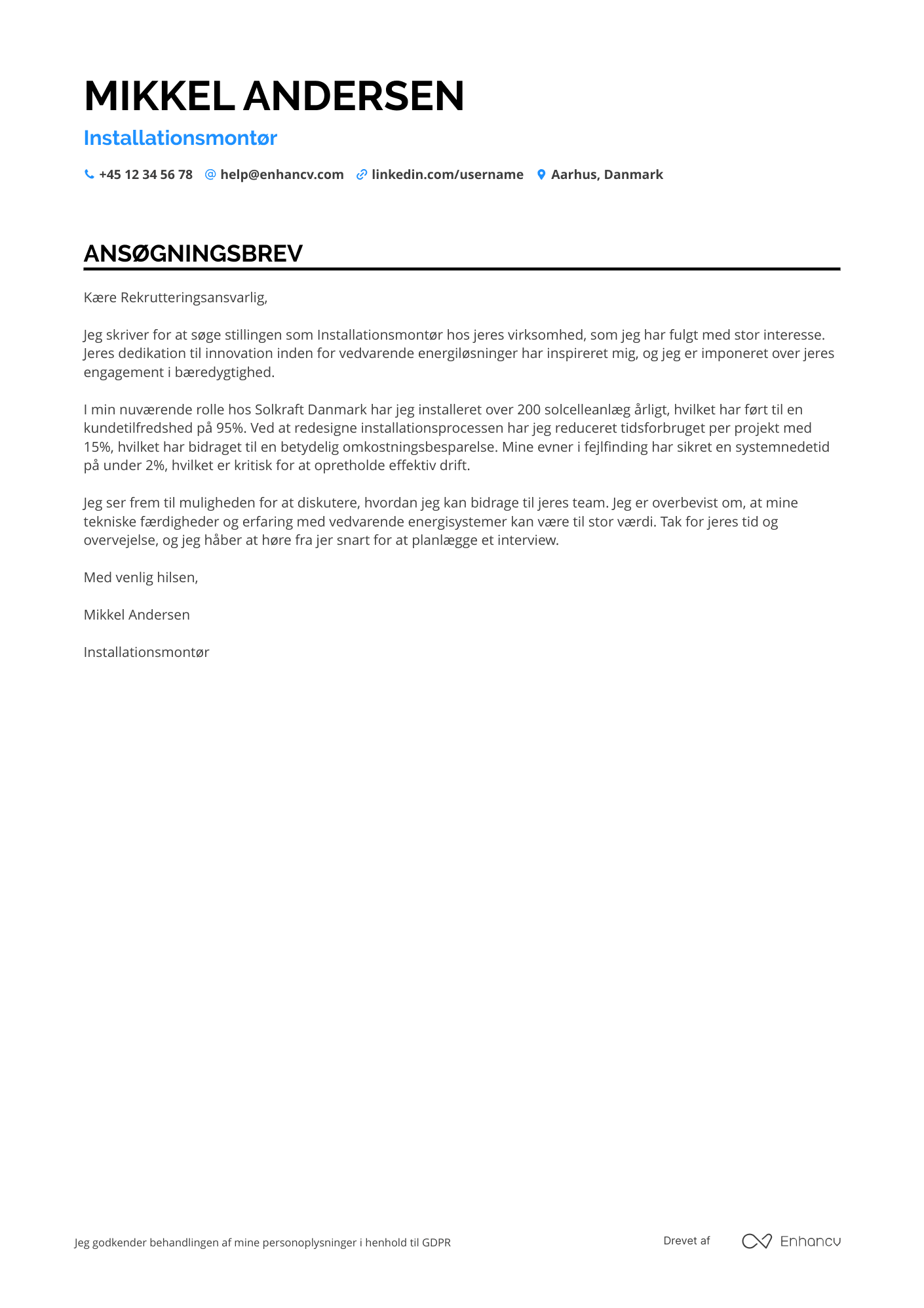 Ansøgningsbrev til Installationsmontør Resume Example