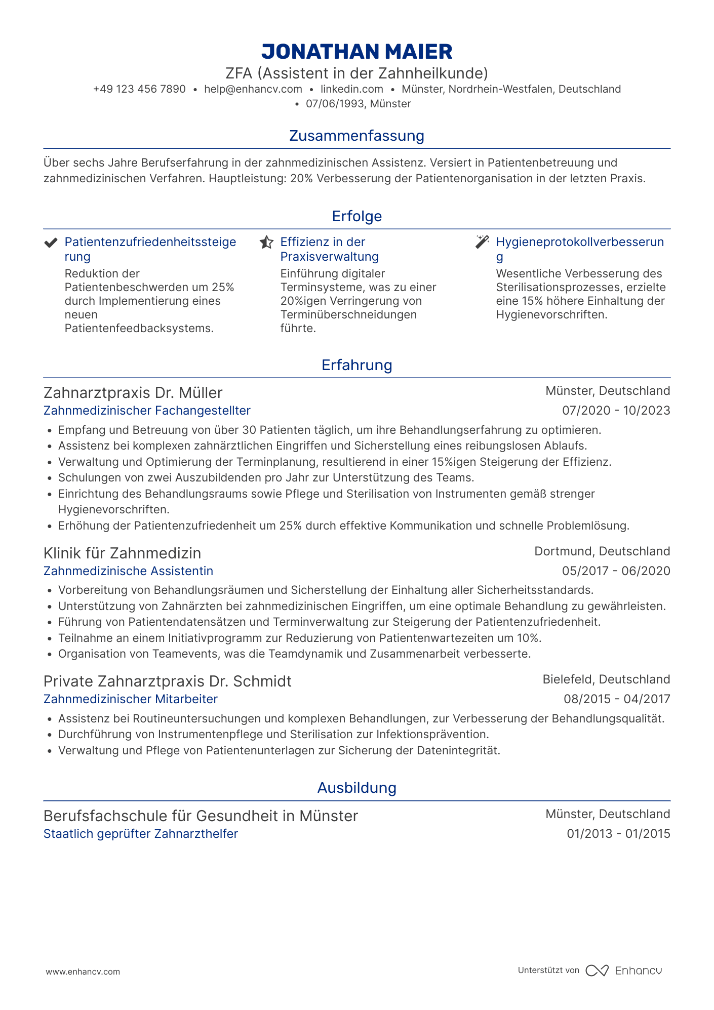 Lebenslauf in Zahnarzthelferin in der Zahnklinik Resume Example
