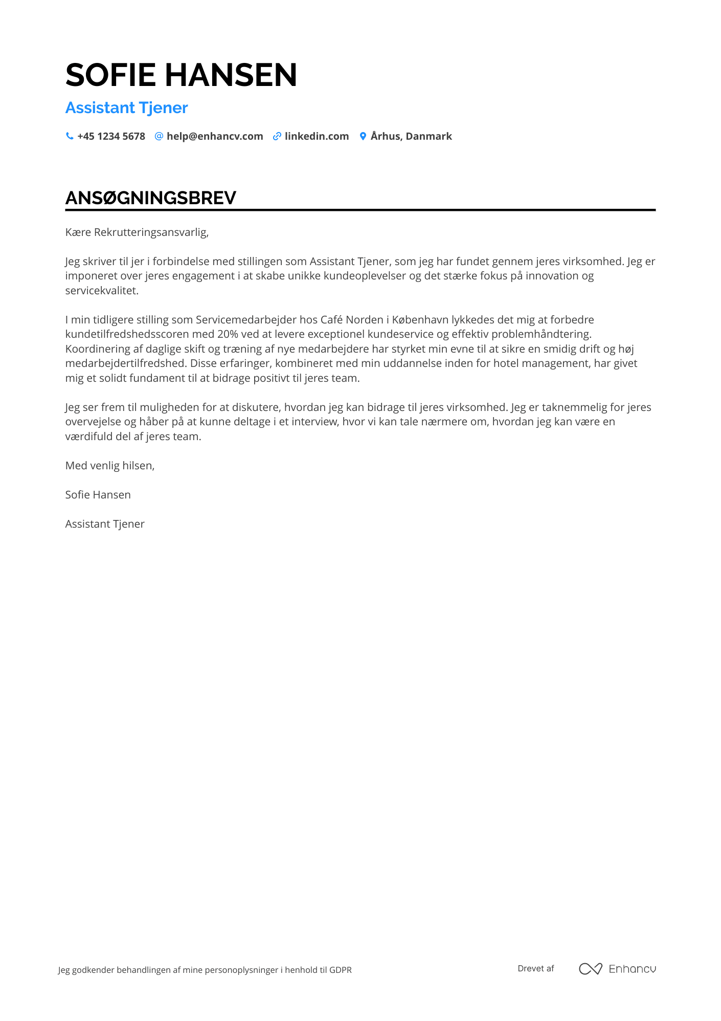 Ansøgningsbrev til Assistant Tjener Resume Example