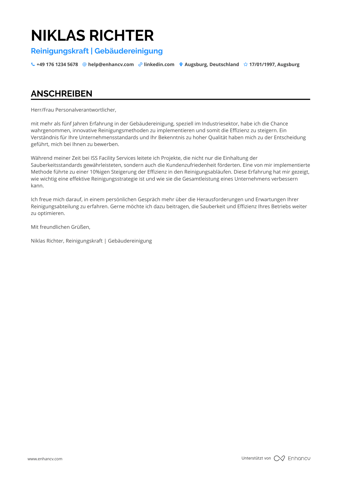 Reinigungskraft für Industriegebäude Resume Example