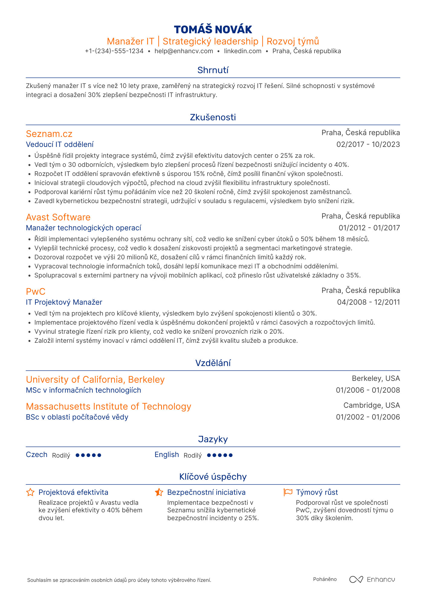 Životopis pro Manažer IT Resume Example
