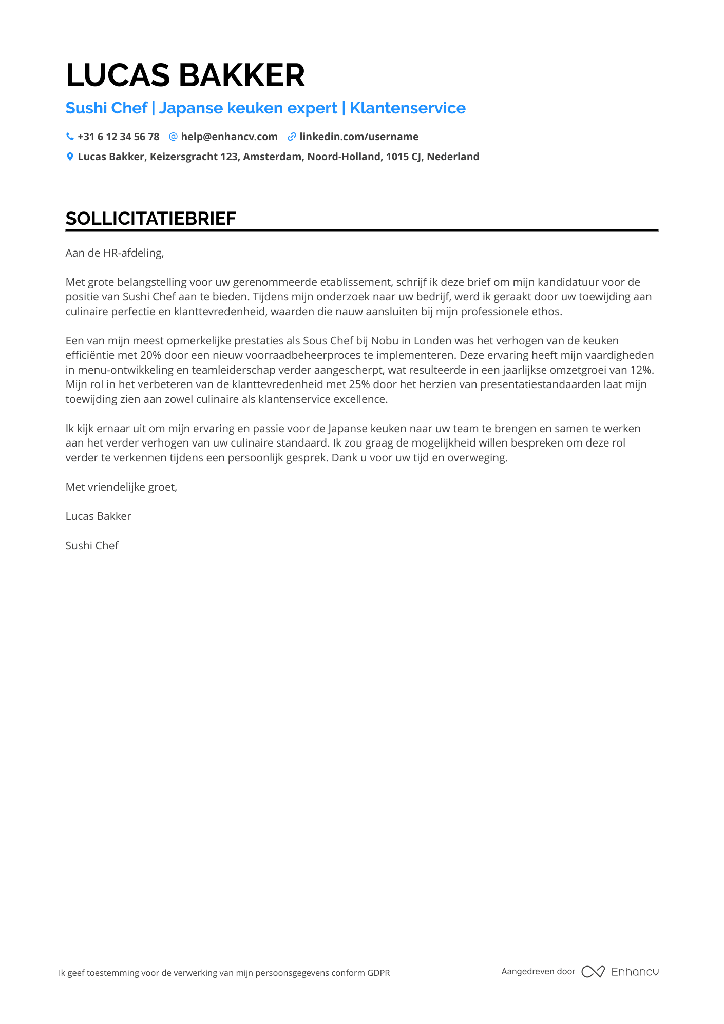 Sollicitatiebrief voor Sushi Chef Resume Example