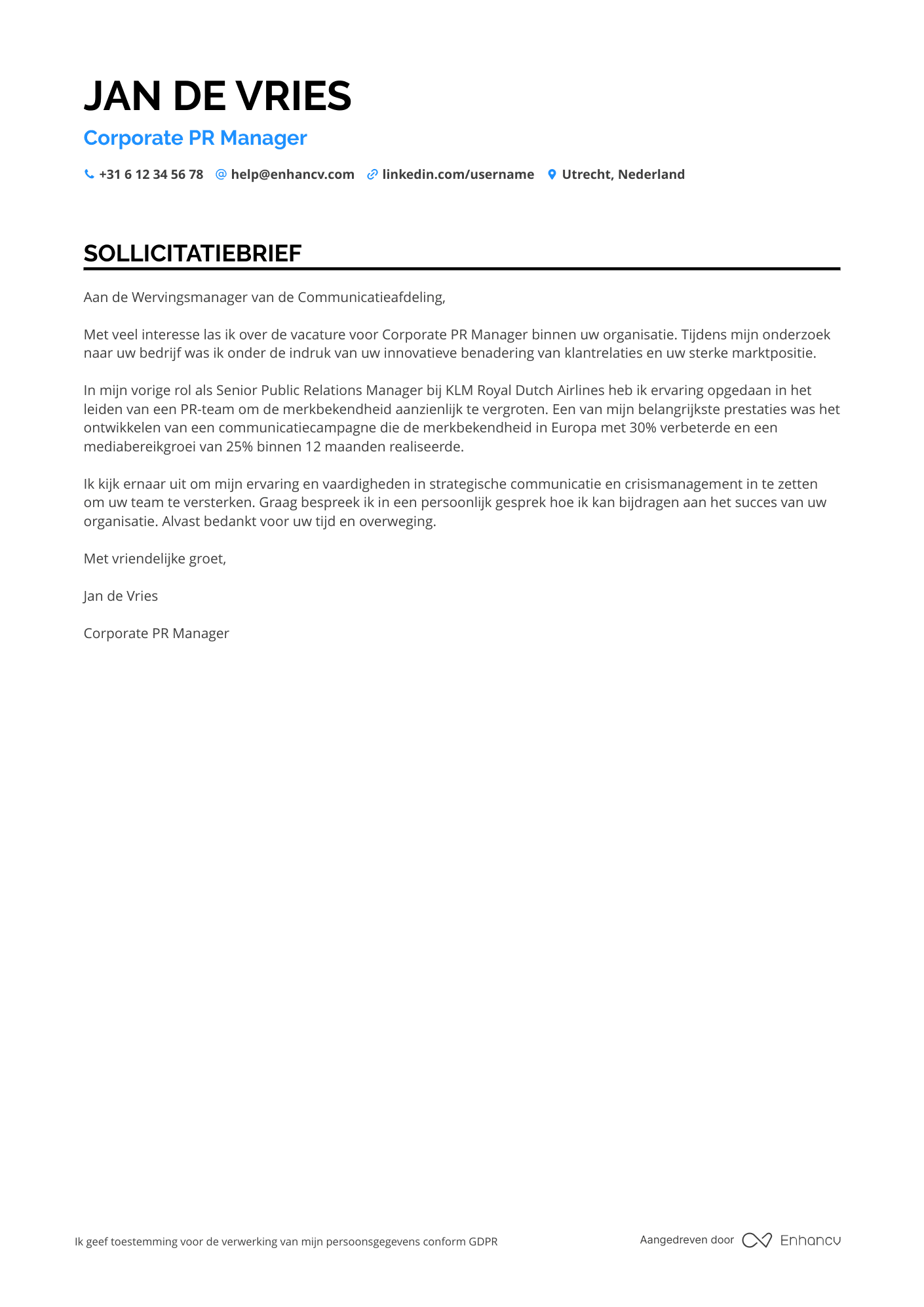 Sollicitatiebrief voor Corporate Public Relations Manager Resume Example