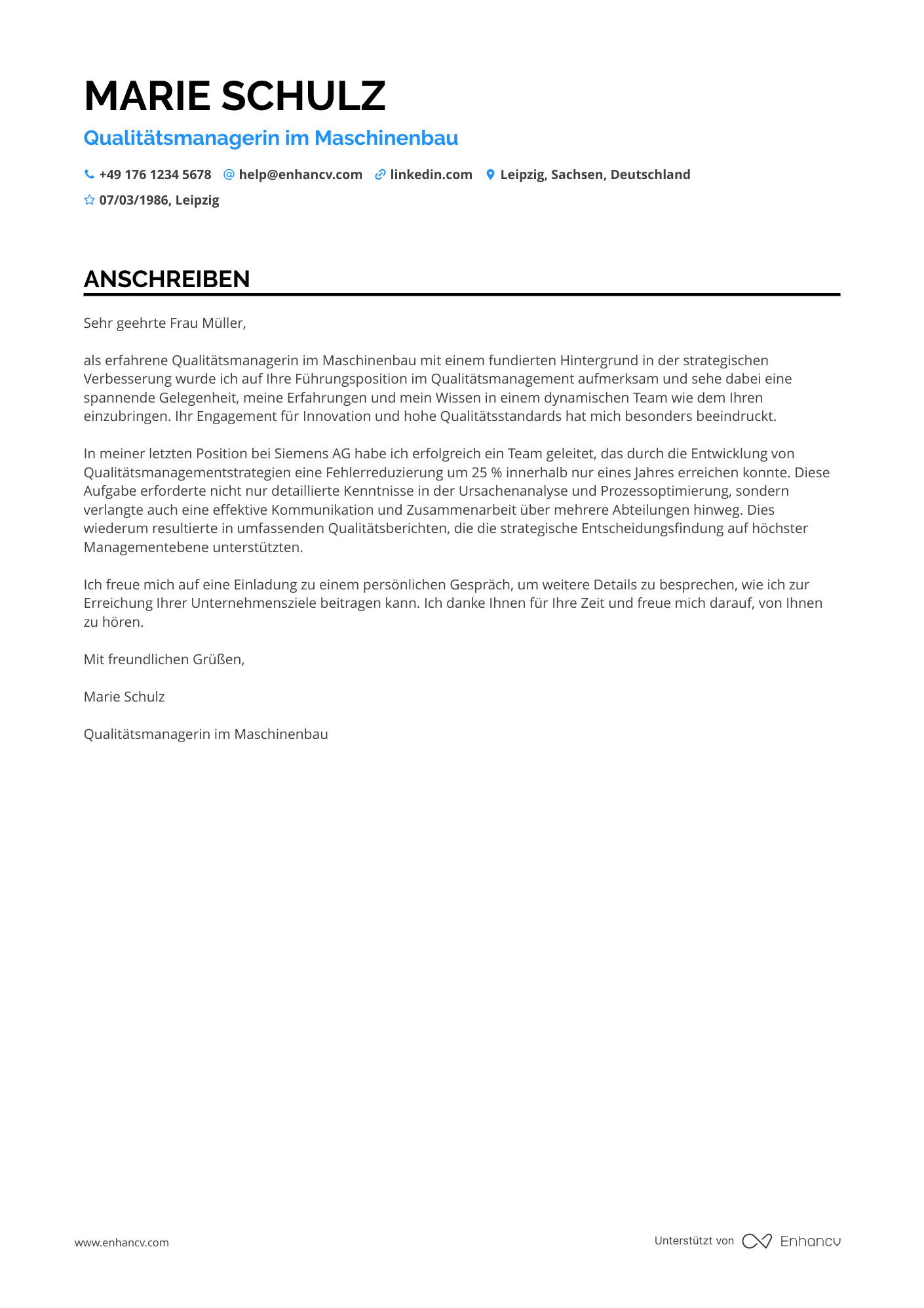 Maschinenbauingenieur für Qualitätsmanagement Resume Example
