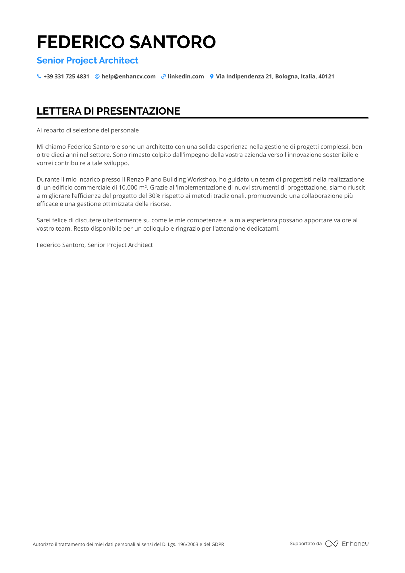 Architetto di Progetto Resume Example
