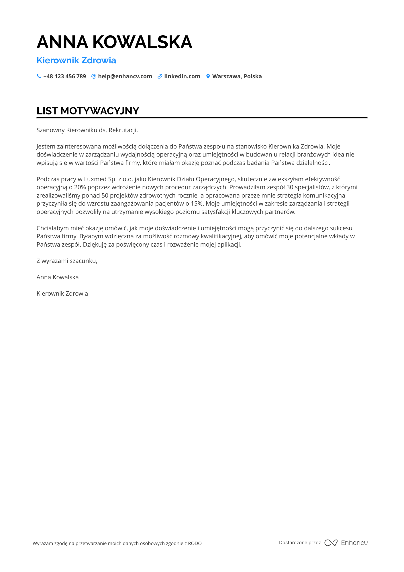 List motywacyjny dla Kierownik Zdrowia Resume Example