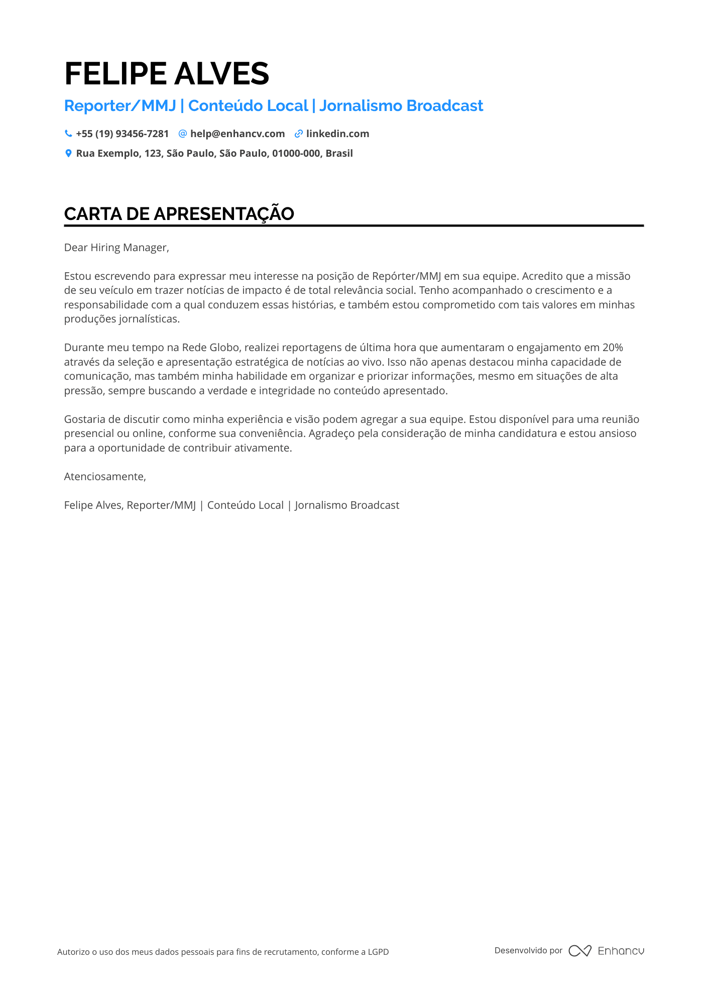 Jornalista de Mídia Social Resume Example