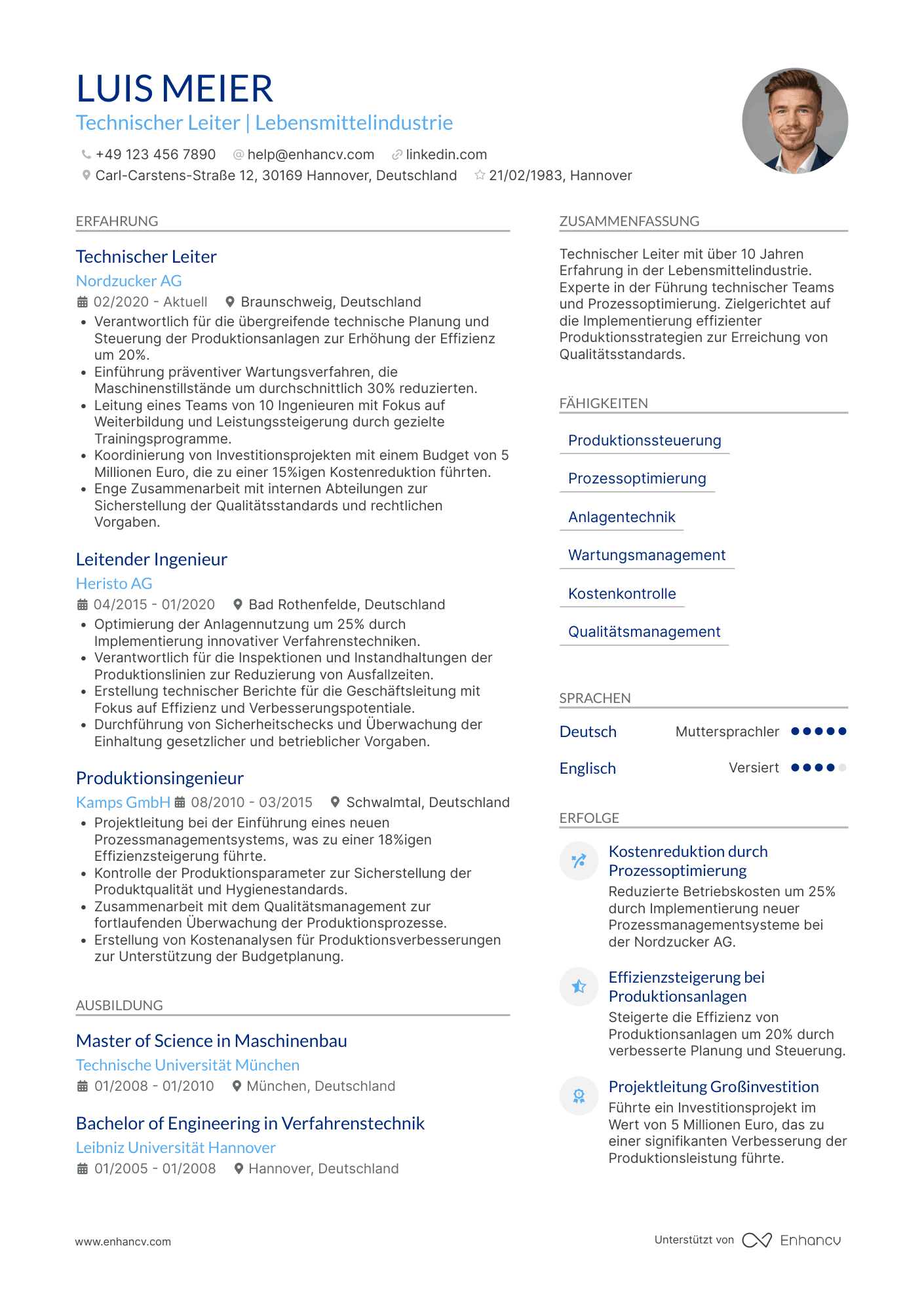 Lebenslauf in Technischer Leiter in der Lebensmittelindustrie Resume Example