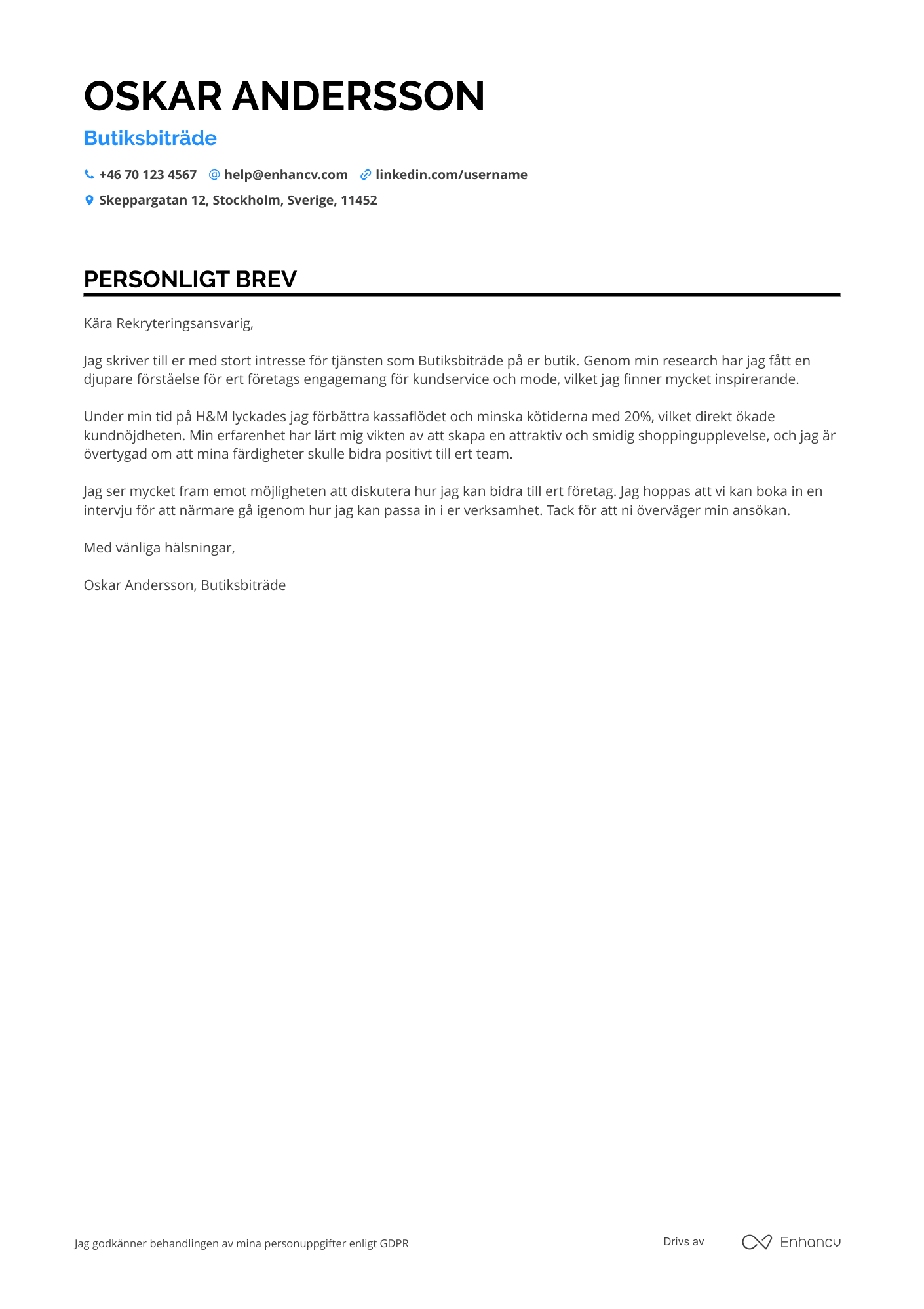 Personligt brev för Butiksbiträde Junior Resume Example