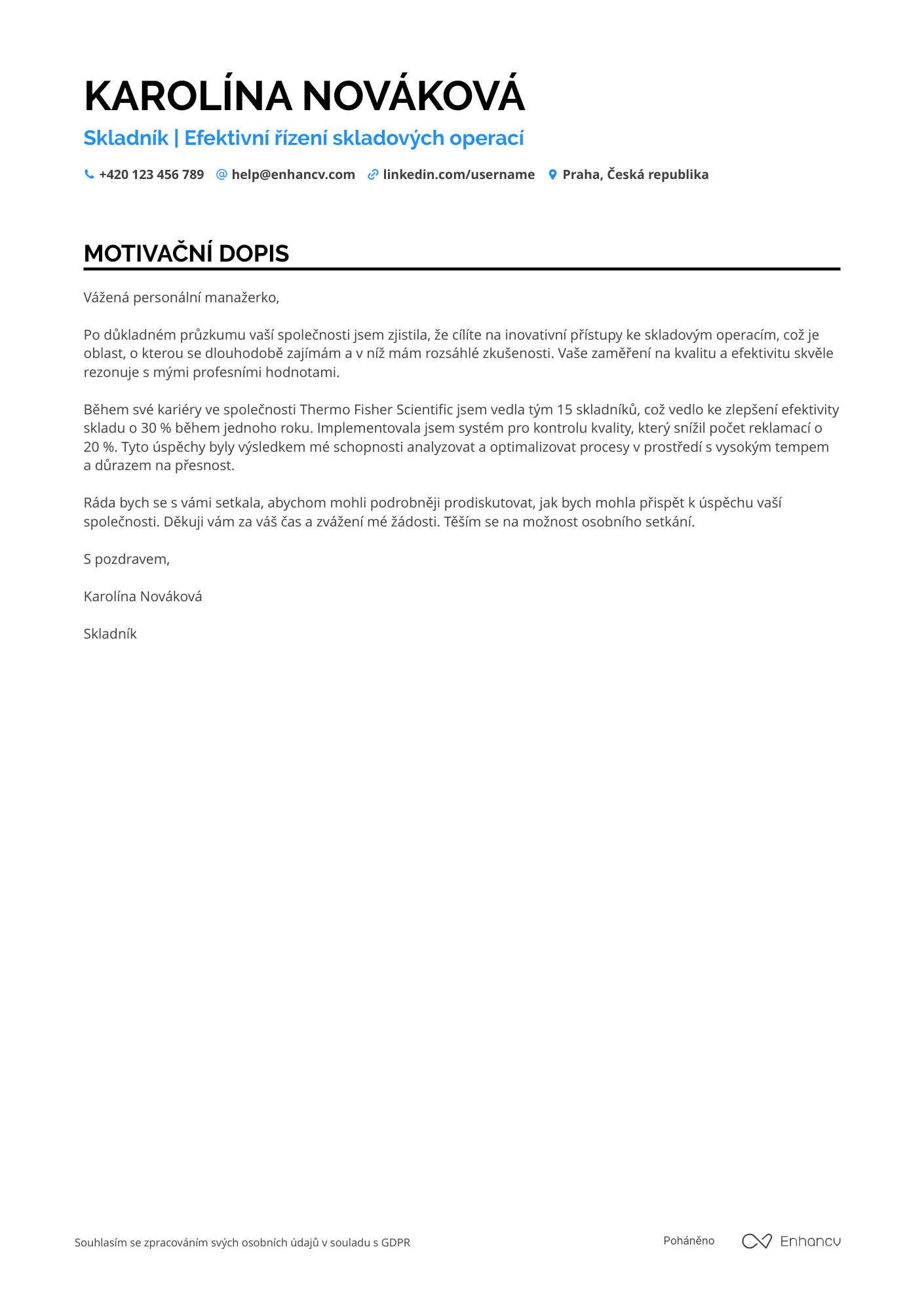 Motivační dopis pro Skladník Lifesciences Resume Example