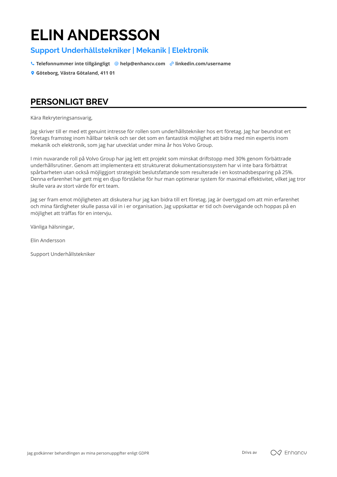 Personligt brev för Support Underhållstekniker Resume Example