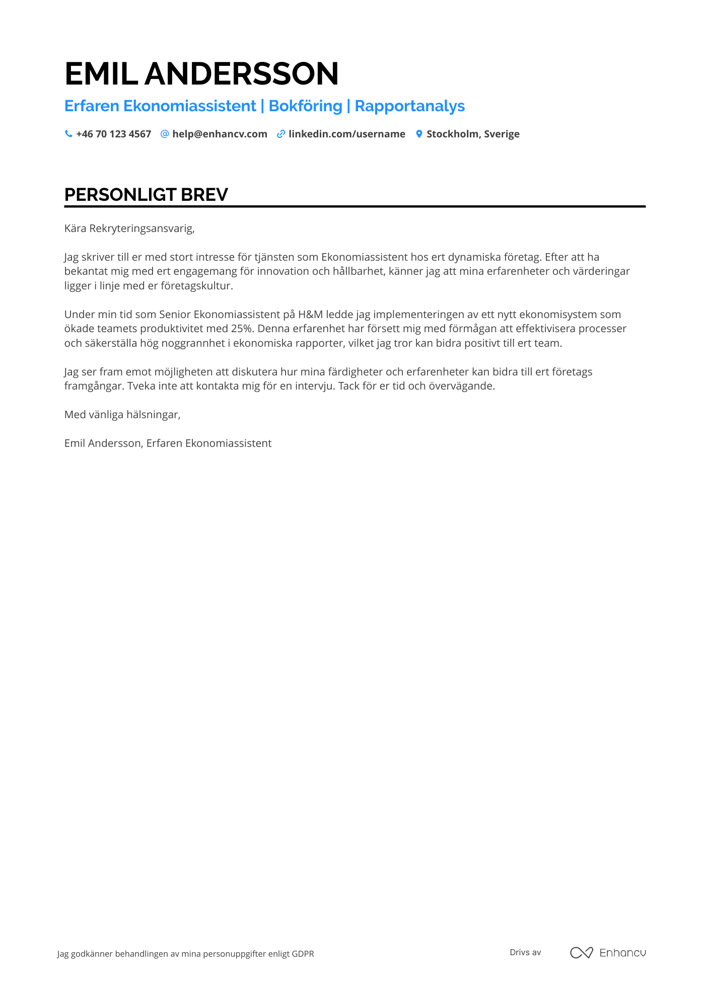 Personligt brev för Ekonomiassistent inom Retail Resume Example