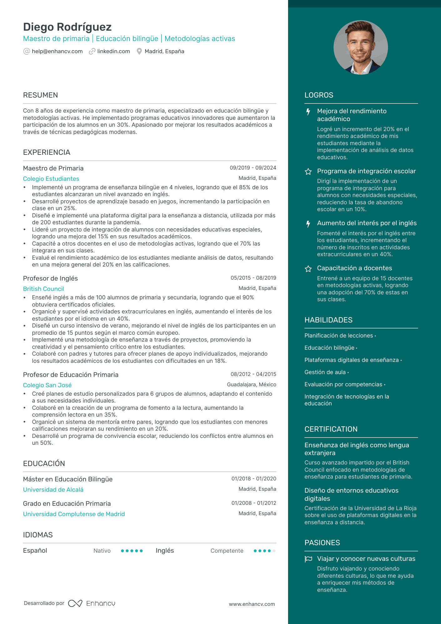 Currículum maestro primaria Resume Example