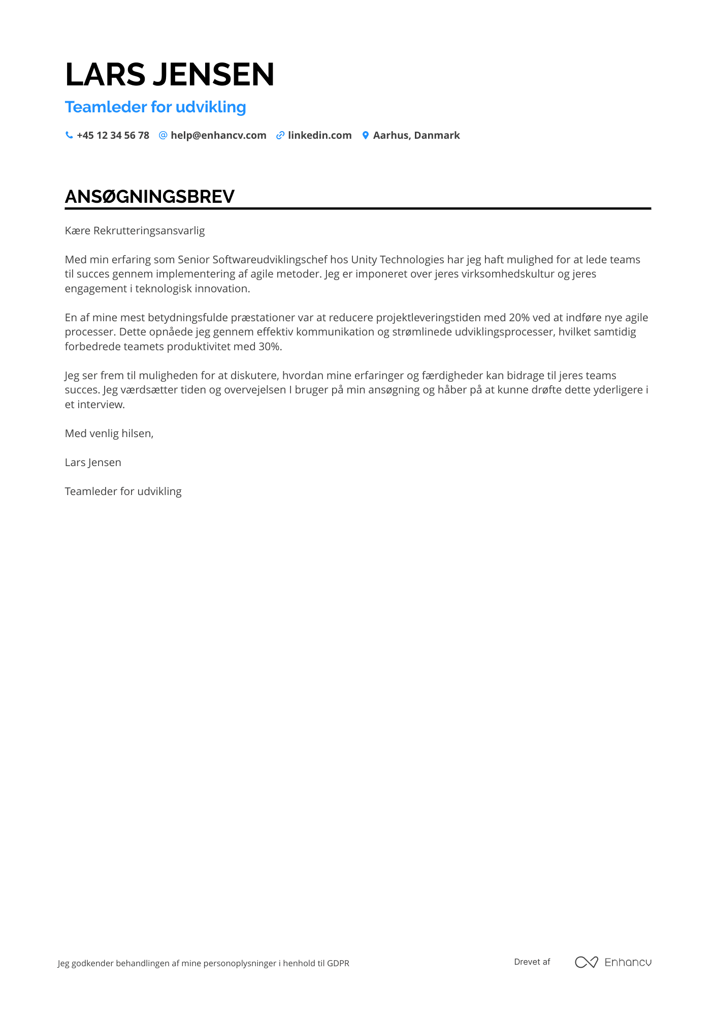 Ansøgningsbrev til Teamleder for udvikling (IT) Resume Example