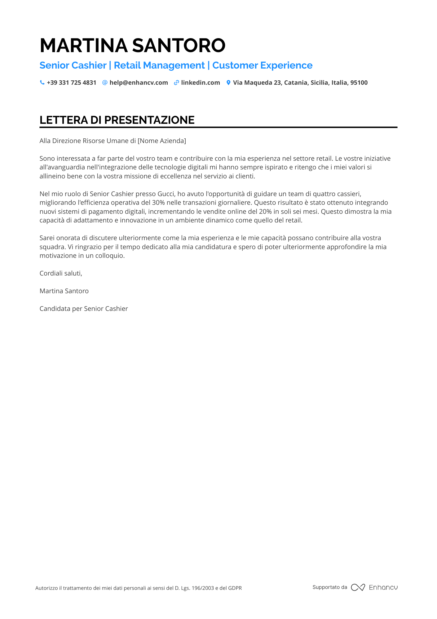Cassiera Senior Resume Example