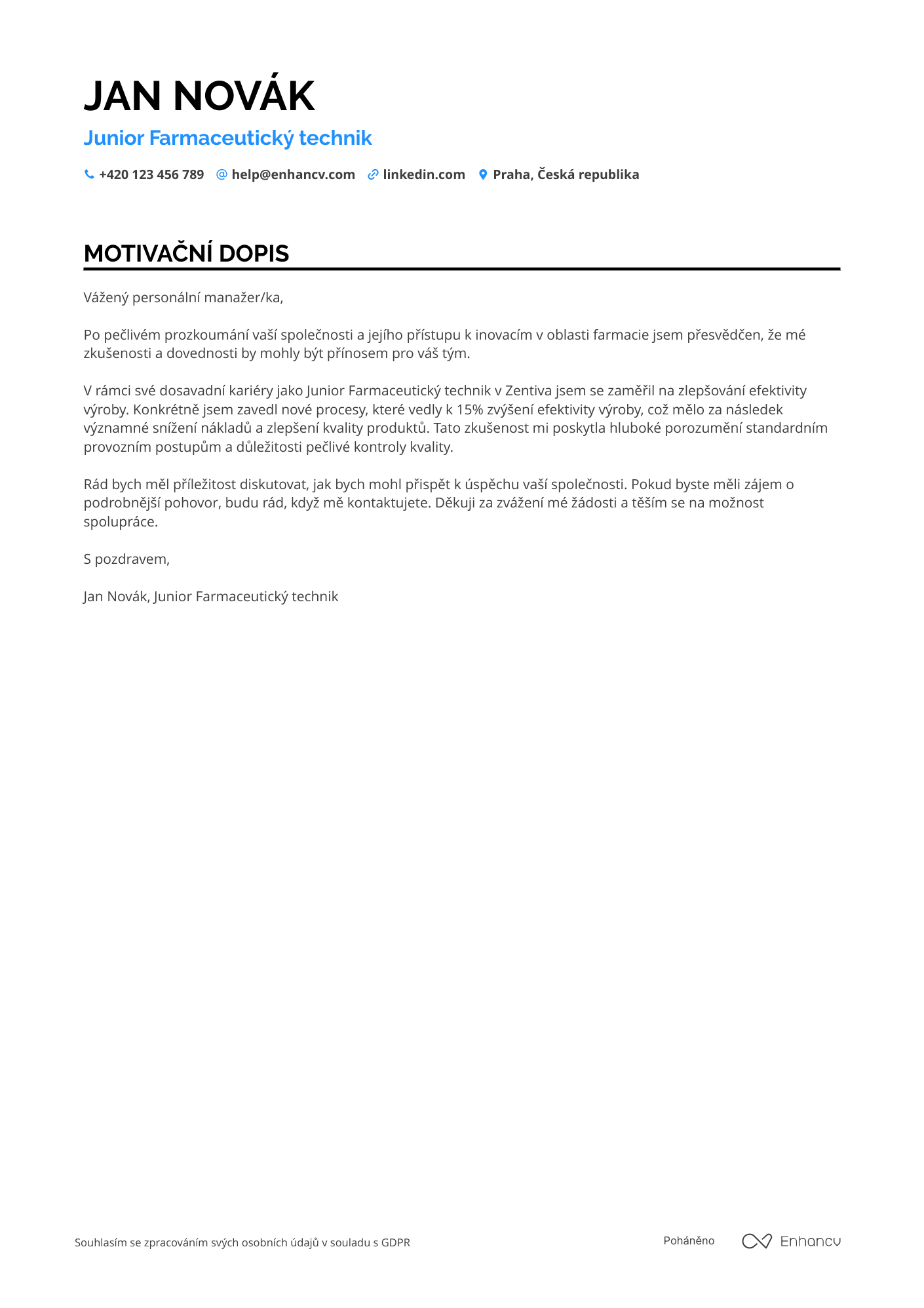 Motivační dopis pro Junior Farmaceutický technik Resume Example