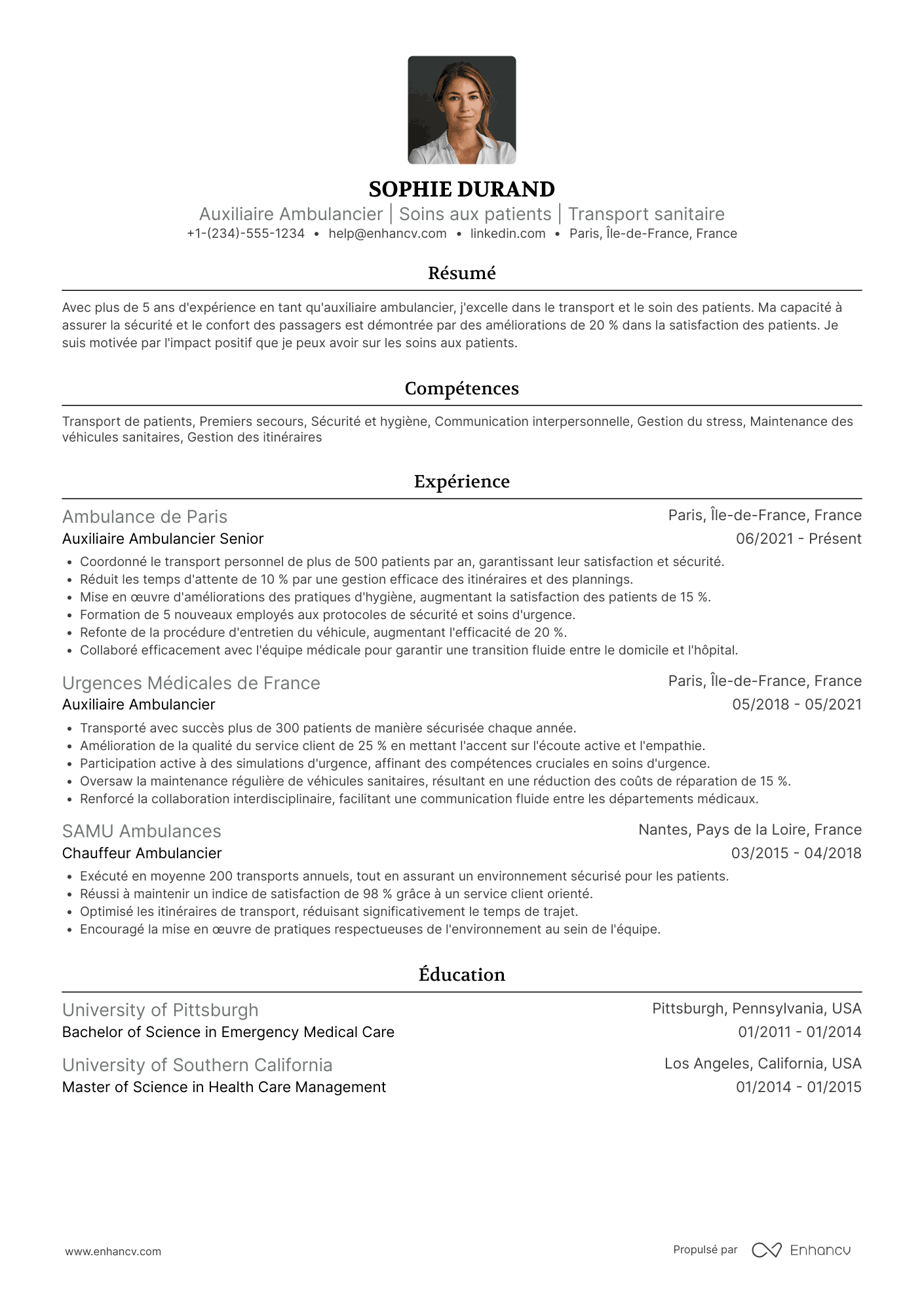 CV d’auxiliaire ambulancier expérimenté Resume Example