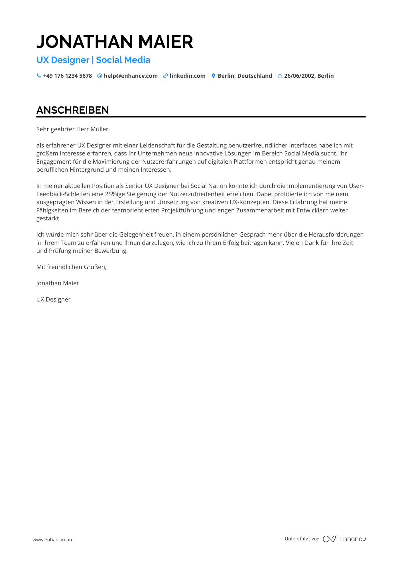 UX Designer für Social Media Resume Example